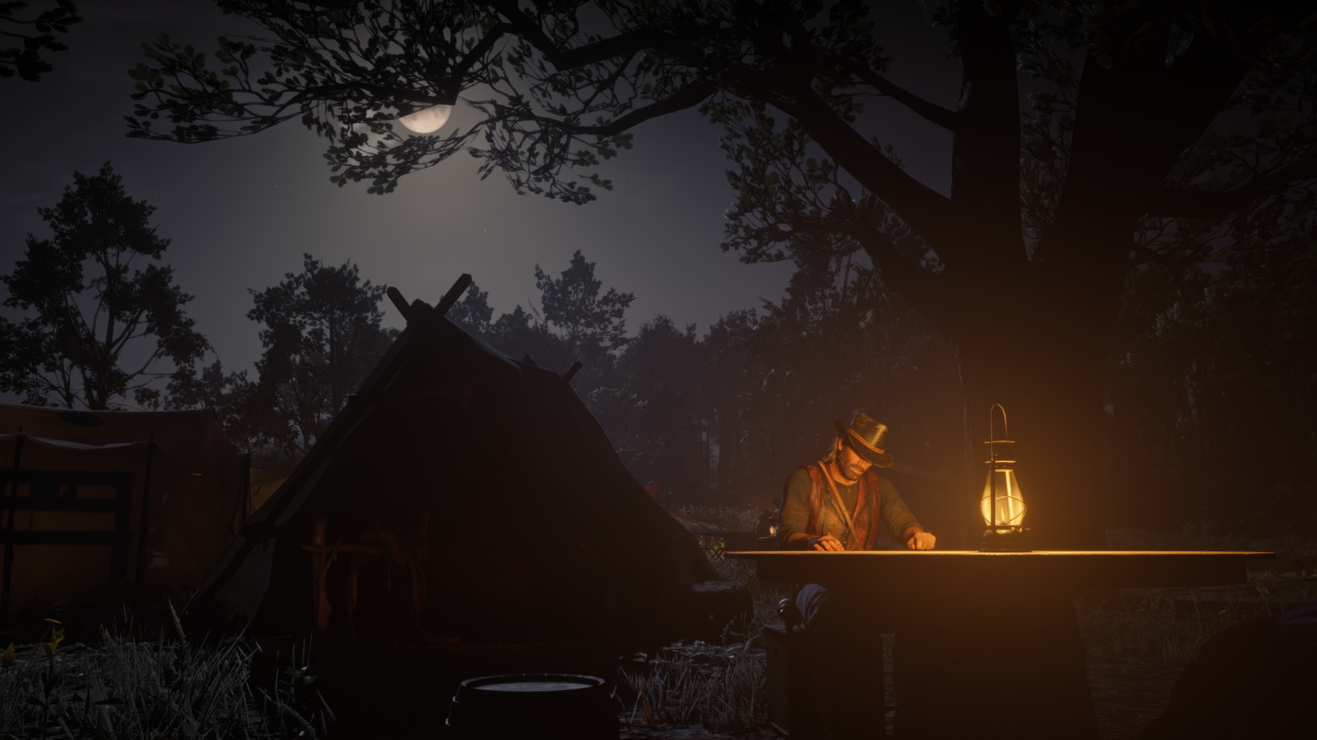 Red Dead Redemption 2 HD PC wallpaper: Arthur Morgan and Dutch van der Linde by lantern-light at a night campsite.