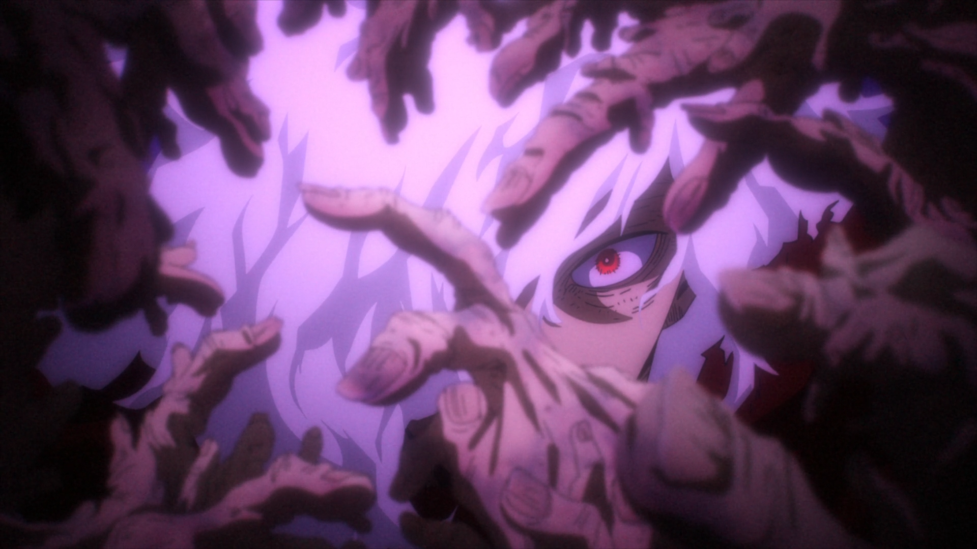 HD anime wallpaper featuring Tomura Shigaraki from My Hero Academia, with a close-up of his intense red eye surrounded by his signature disembodied hands.