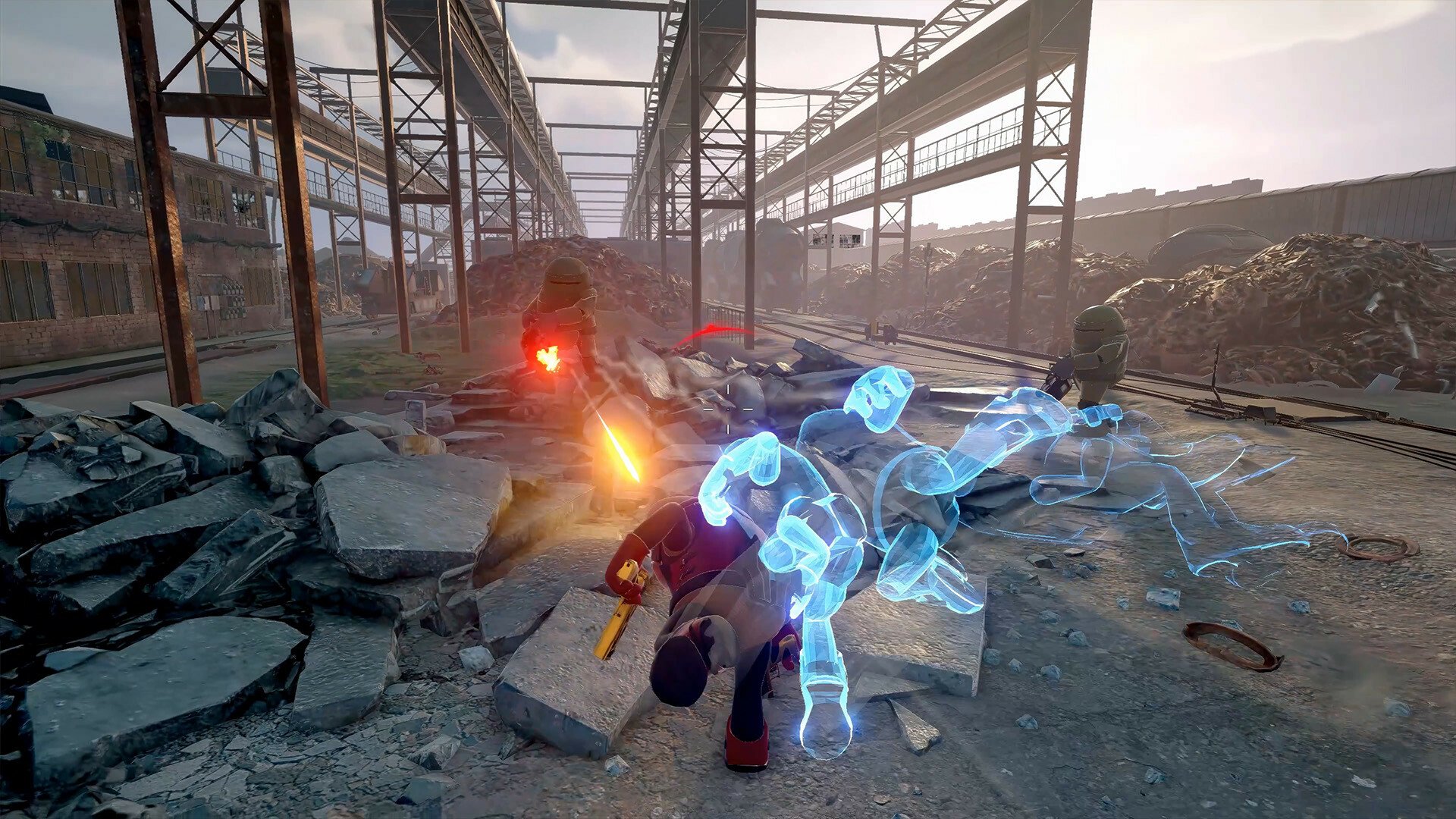 HD desktop wallpaper featuring a dynamic scene from the video game Killer Bean, showcasing intense action amidst an industrial, post-apocalyptic setting with characters battling among debris.