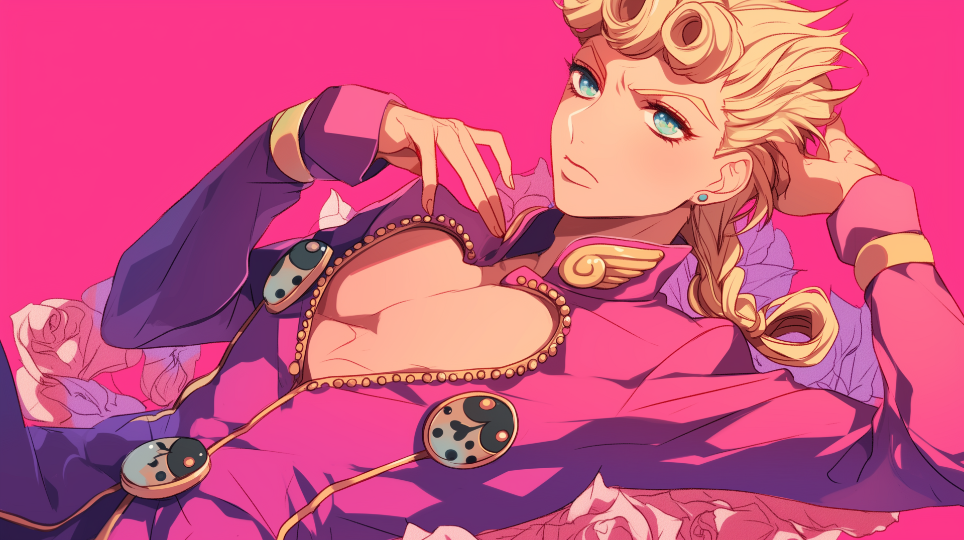 HD desktop wallpaper featuring Giorno Giovanna from the anime Jojo's Bizarre Adventure against a bold pink background.