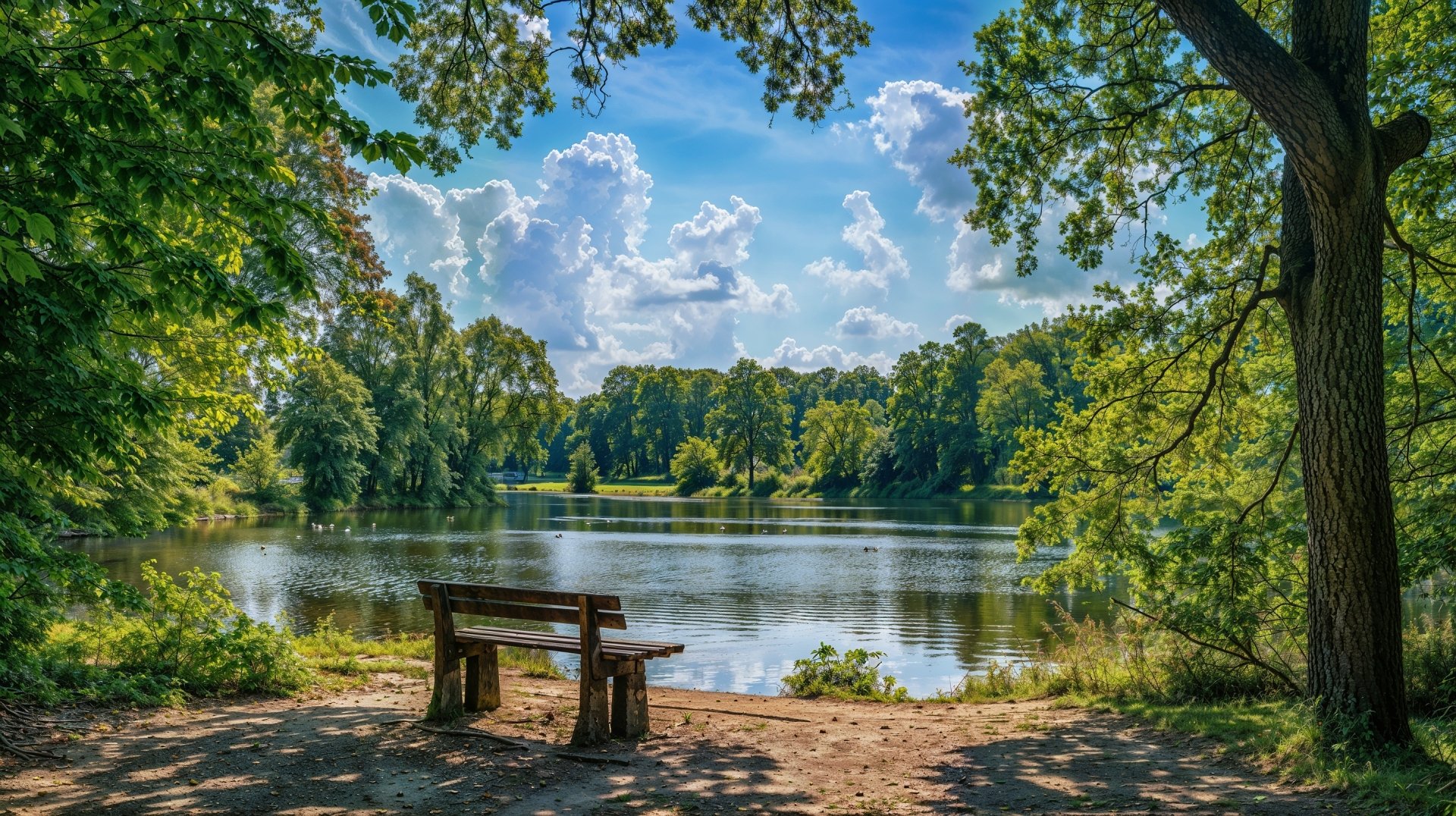 HD desktop wallpaper showing a serene summer park scene with a wooden bench facing a calm lake surrounded by lush green trees under a bright blue sky.