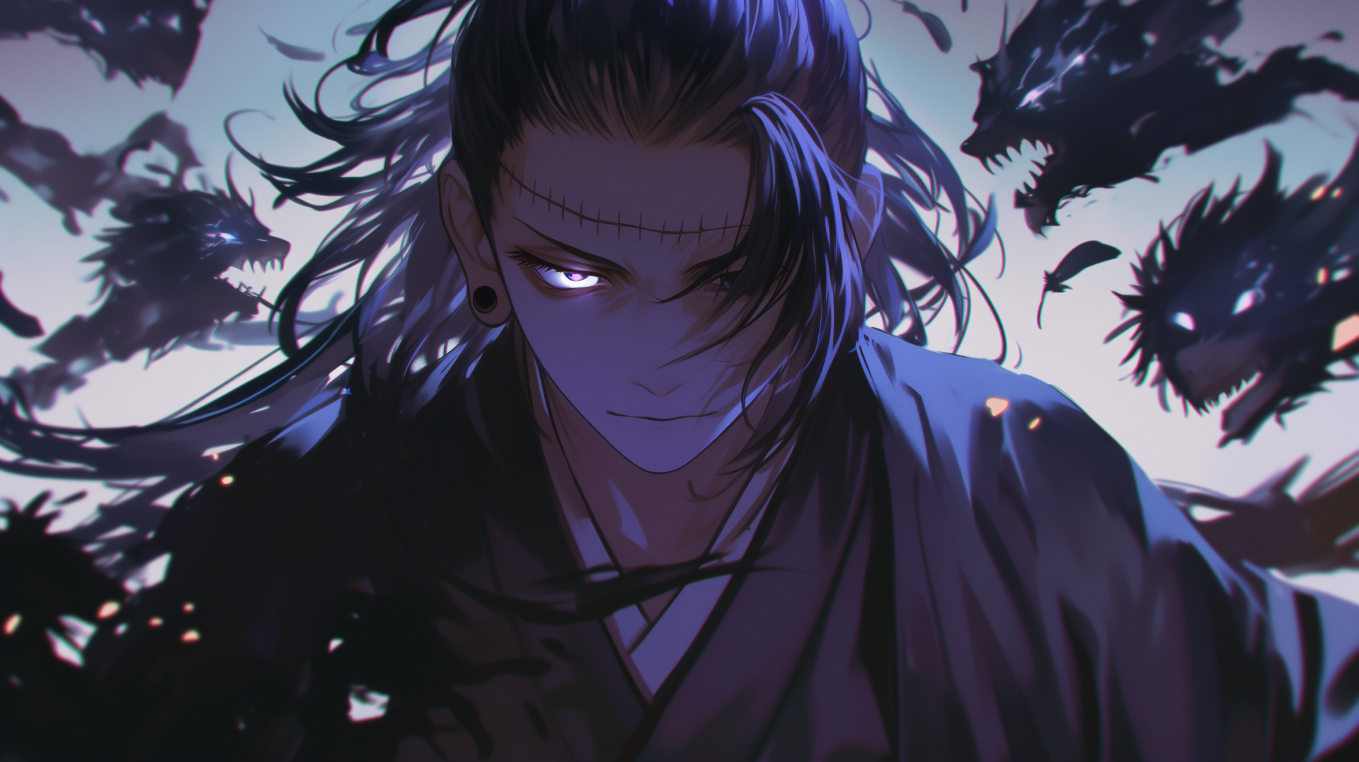 HD wallpaper featuring Suguru Geto from Jujutsu Kaisen, depicted with dark, flowing hair and surrounded by ominous shadows.