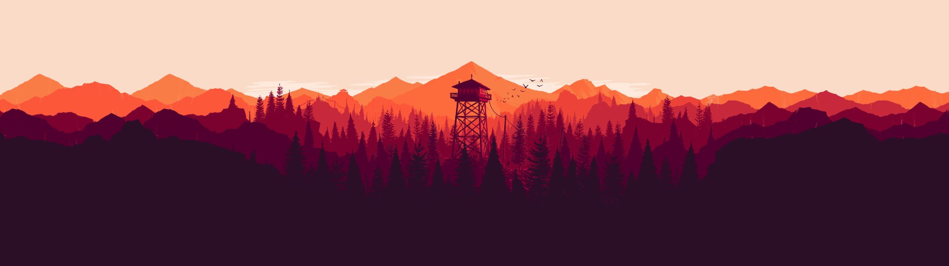 HD PC Desktop Wallpaper and Background — stylized red-orange mountain scene at sunset with a silhouetted fire lookout tower, layered pine forests and birds overhead.