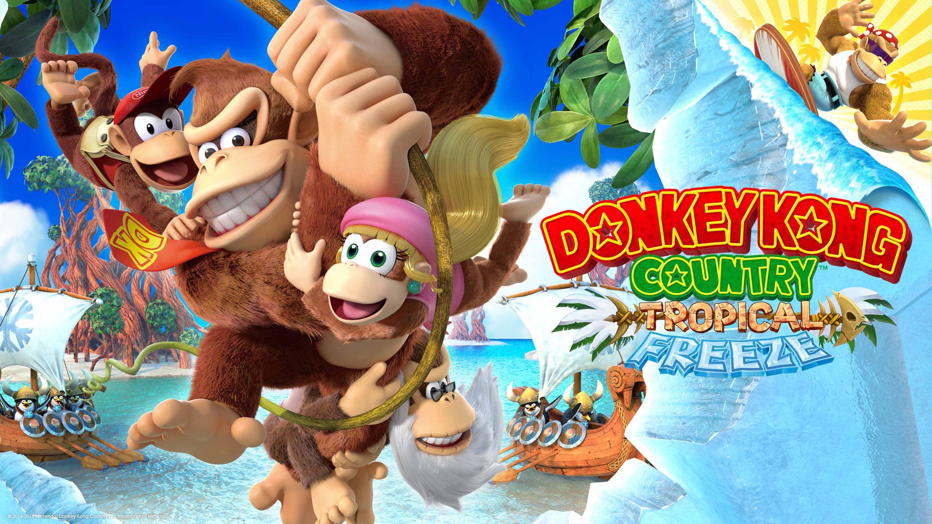 4K Ultra HD PC wallpaper featuring vibrant characters from Donkey Kong Country: Tropical Freeze in an adventurous jungle and icy environment.