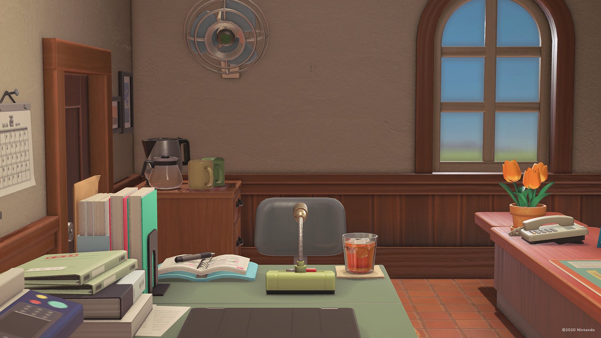 HD PC desktop wallpaper from Animal Crossing: New Horizons featuring a cozy wooden office with books, a microphone, a drink, and a window with a blue sky view.