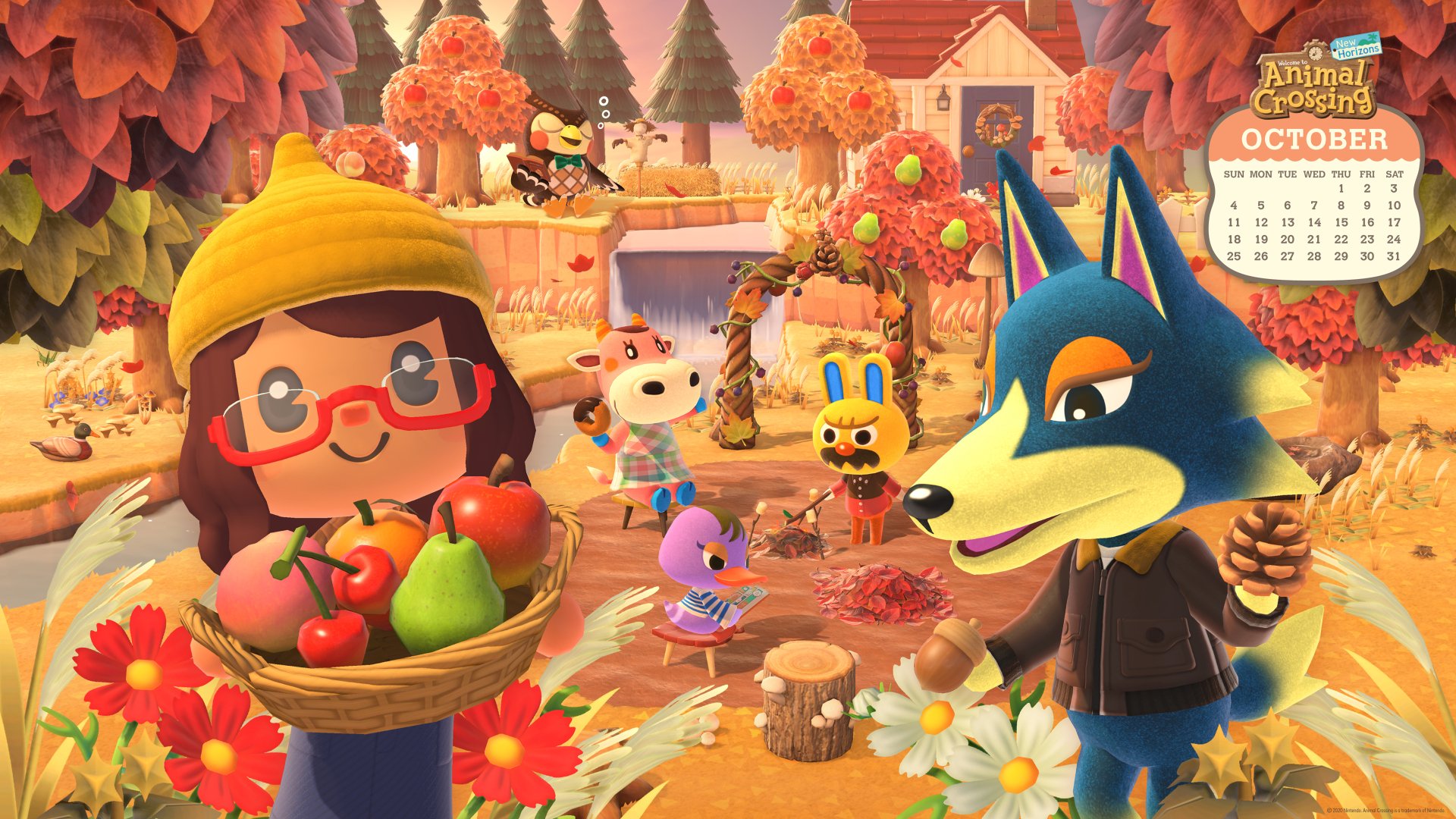 Animal Crossing: New Horizons 4K Ultra HD wallpaper featuring autumn-themed village life with characters celebrating fall in vibrant colors, set for a cozy October scene.