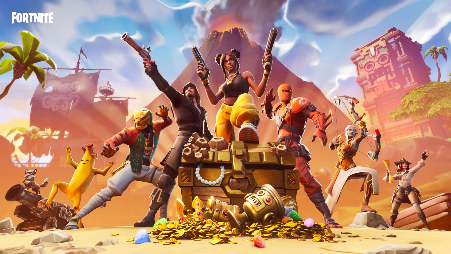 Fortnite characters celebrate around a treasure chest filled with gold coins, set against a vibrant volcanic island backdrop in this 4K Ultra HD PC desktop wallpaper.