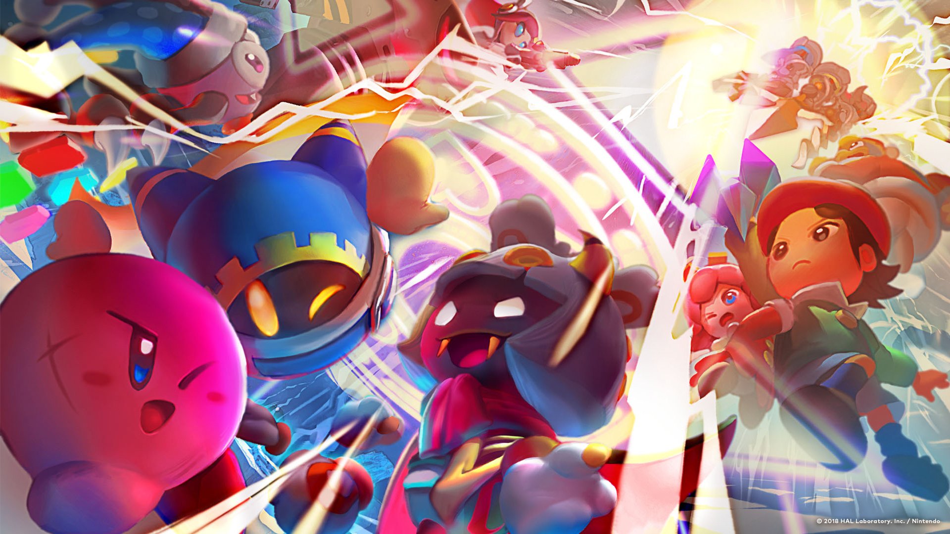 HD PC desktop wallpaper featuring Kirby and various colorful characters in a dynamic, action-packed scene with vibrant lighting effects.
