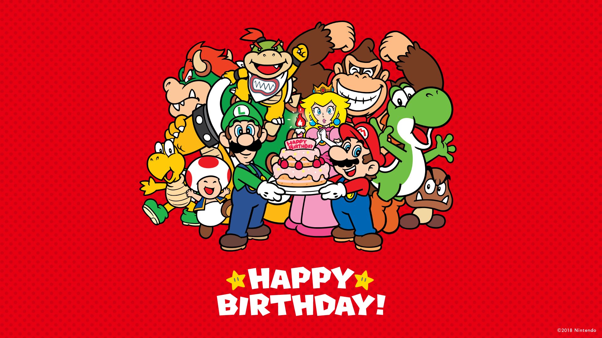 HD PC desktop wallpaper featuring Super Mario, Luigi, Princess Peach, Yoshi, Donkey Kong, and other characters celebrating a birthday with a cake on a red background.