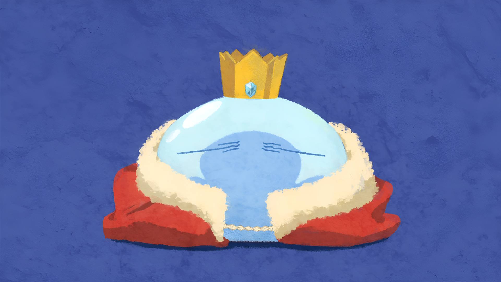 4K Ultra HD anime wallpaper of Rimuru Tempest from That Time I Got Reincarnated as a Slime, depicted as a blue slime wearing a royal crown and fur-lined red cape.