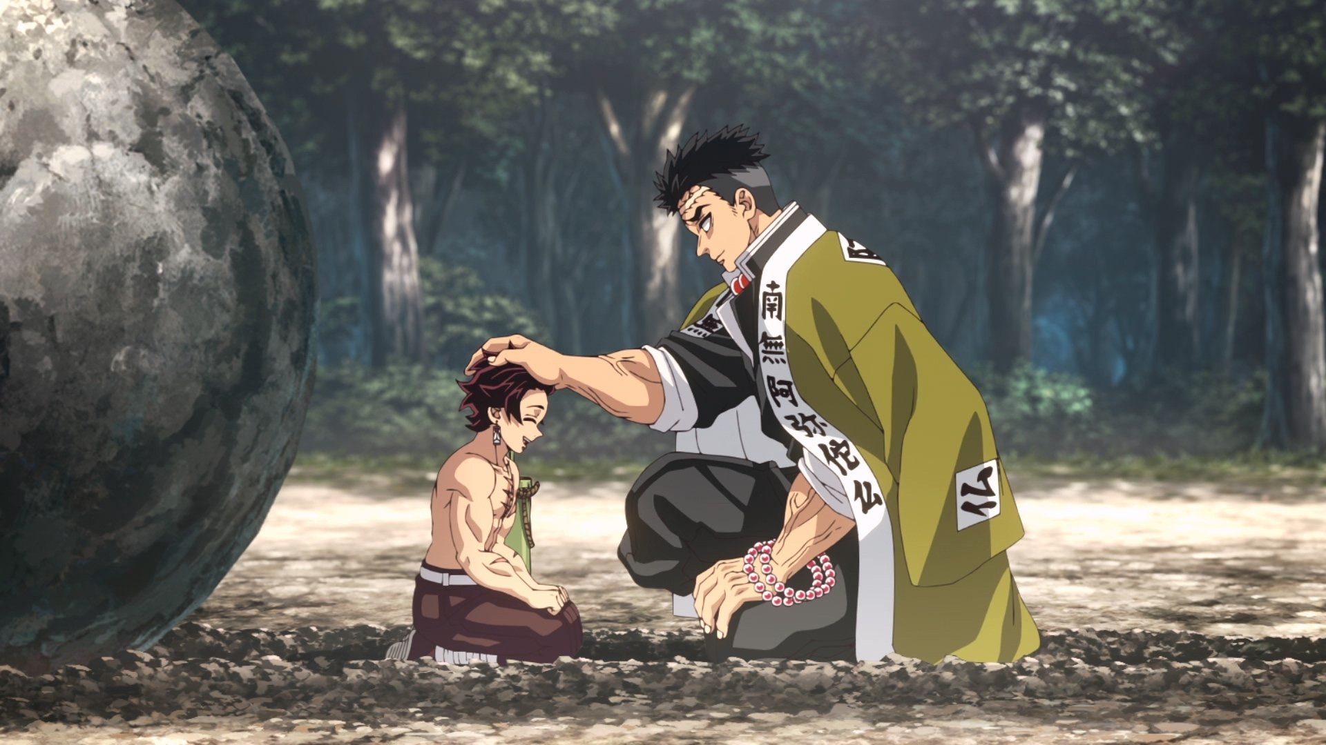 HD anime wallpaper from Demon Slayer: Kimetsu no Yaiba featuring Tanjiro Kamado kneeling and Gyomei Himejima placing a hand on his head in a forest setting.