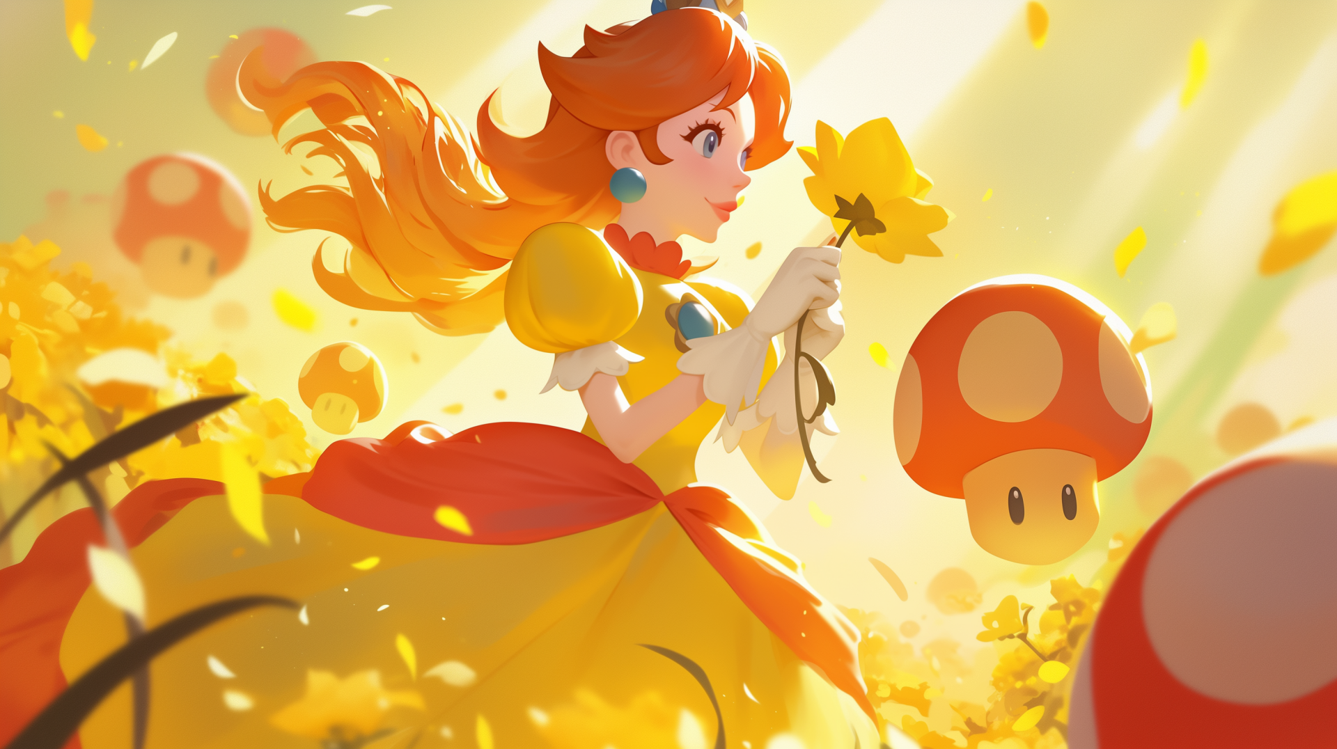 HD desktop wallpaper featuring Princess Daisy from Super Mario Bros., holding a flower, with mushrooms from the Mario series surrounding her in a sunny, whimsical setting.