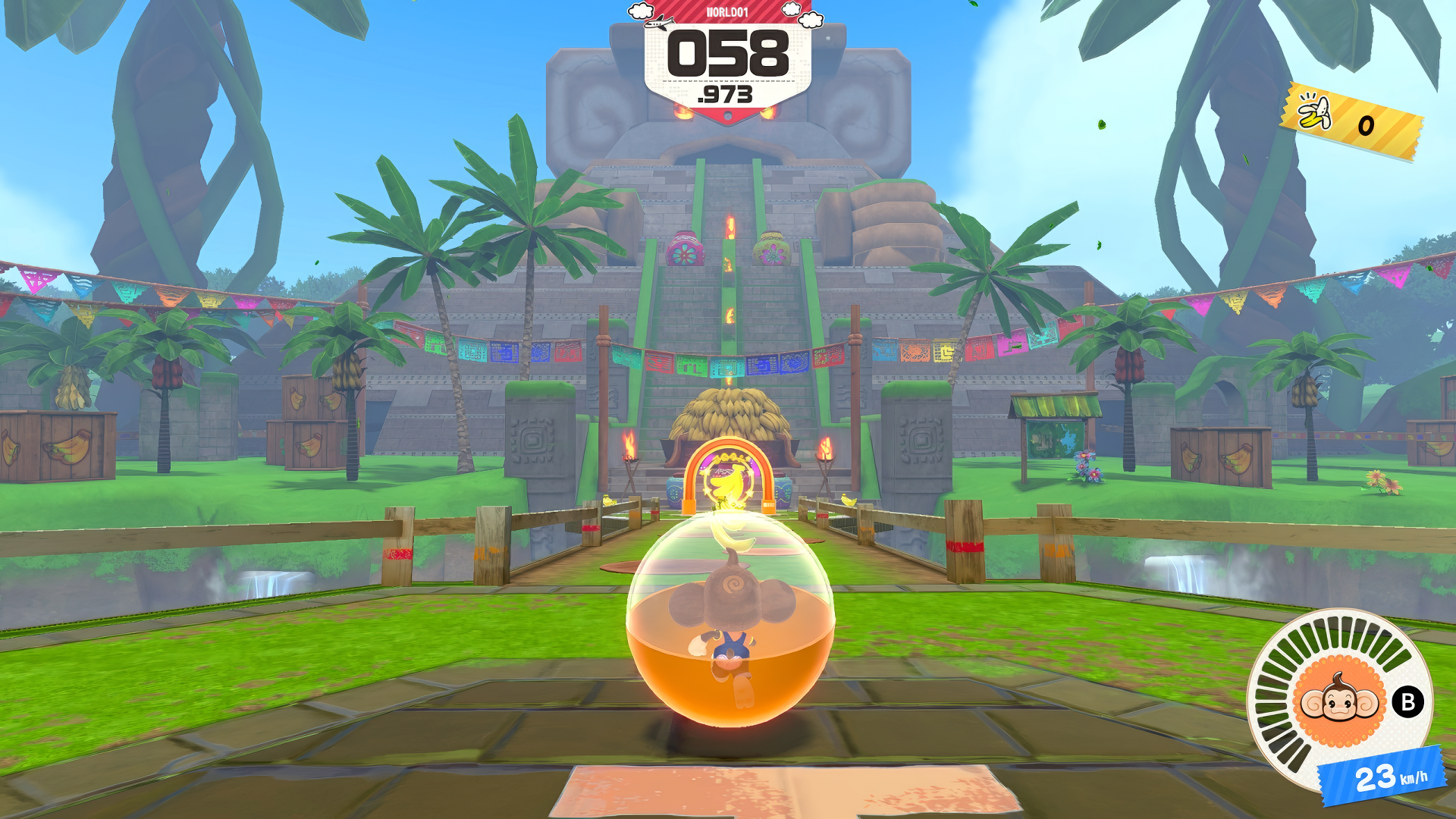 HD desktop wallpaper featuring a scene from the video game Super Monkey Ball Banana Rumble, showing a monkey in a ball navigating a vibrant, jungle-themed track with a temple in the background.