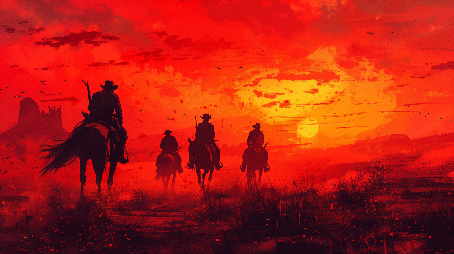 HD desktop wallpaper featuring a stunning scene from Red Dead Redemption 2. Four cowboys ride into a vivid, fiery sunset in the wild west, encapsulating the game's rugged, adventurous spirit.