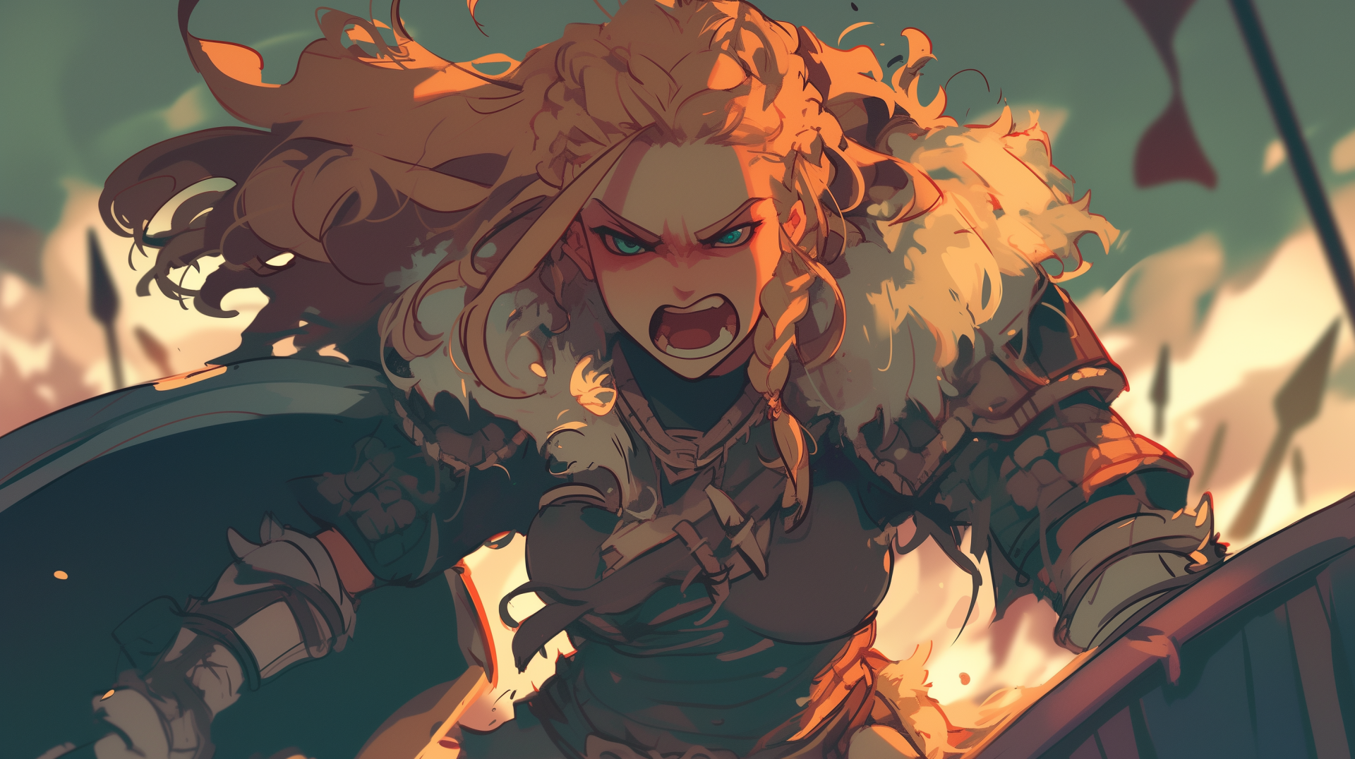 HD desktop wallpaper featuring an anime girl with a fierce expression in a medieval Viking setting, adorned in battle armor with flowing hair and a fur cloak, set against a dynamic, action-packed background.