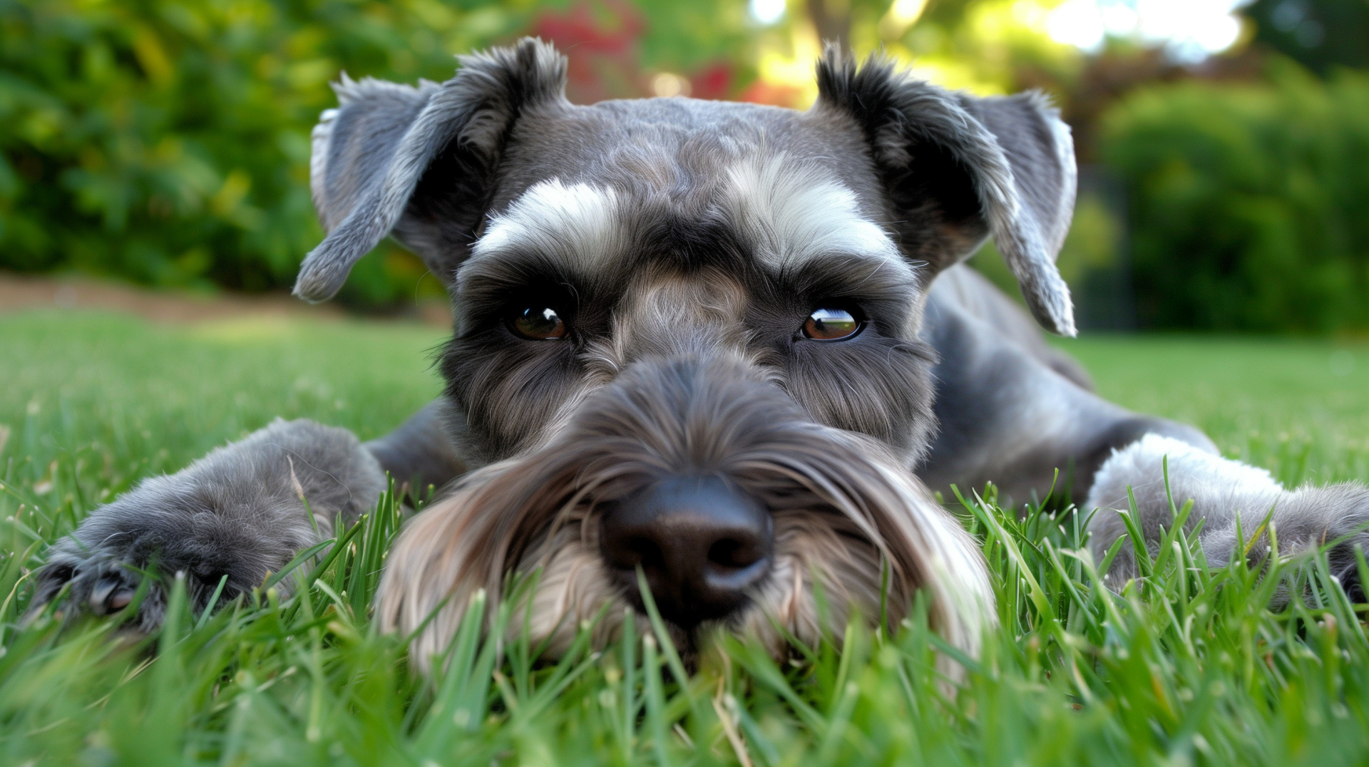 A close-up of a Schnauzer lying on green grass, captured in HD. This image serves as a vibrant desktop wallpaper and background.