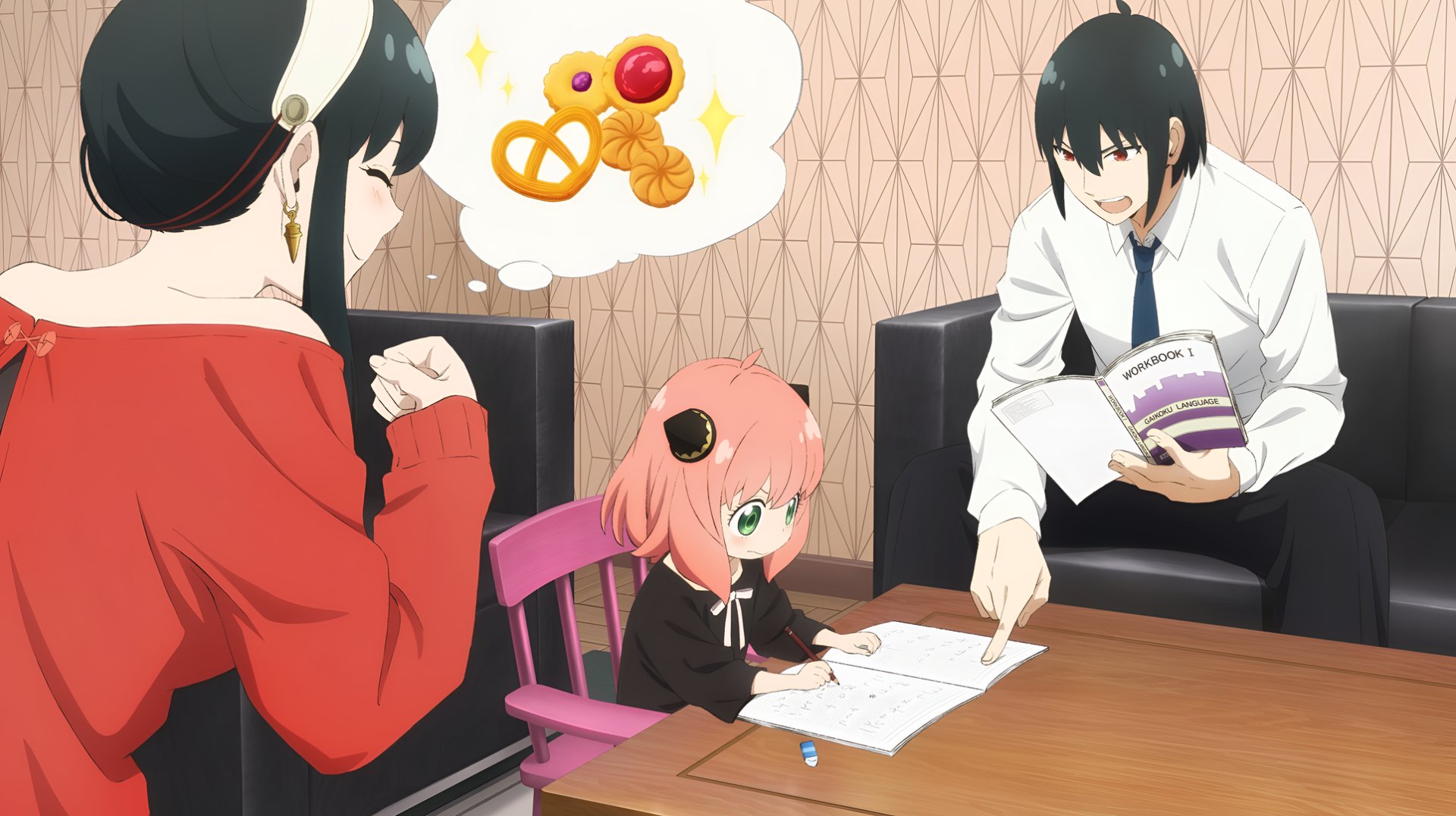 HD desktop wallpaper featuring characters from the video game SPY×ANYA: Operation Memories. The image depicts three characters in a casual setting, with one character helping another with homework.