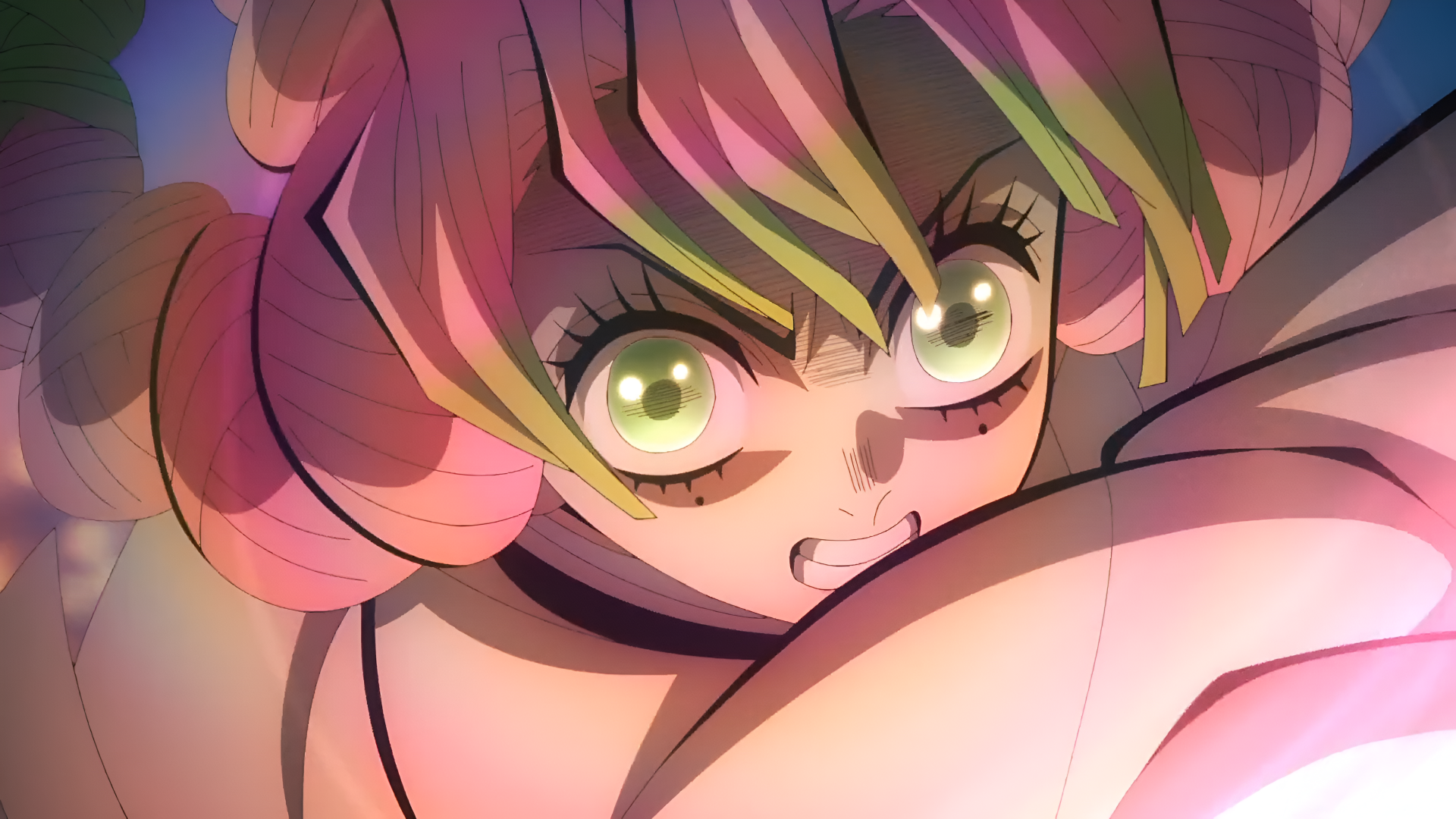 Close-up of Mitsuri Kanroji from Demon Slayer: Kimetsu no Yaiba in vibrant 4K Ultra HD, displaying her intense expression and colorful hair for a PC desktop wallpaper.