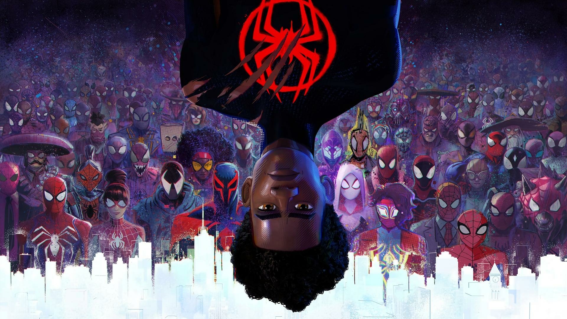 HD PC desktop wallpaper featuring Miles Morales as Spider-Man from Marvel Comics’ Spider-Man: Across the Spider-Verse, surrounded by multiple Spider-People in vibrant colors.