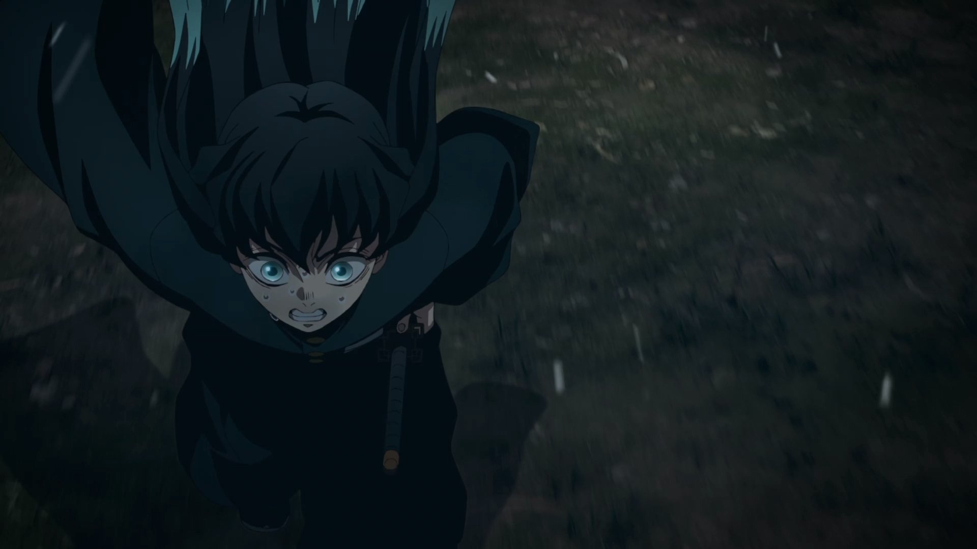 HD anime wallpaper featuring Muichiro Tokito from Demon Slayer: Kimetsu no Yaiba in a dynamic, dark scene with intense eyes and wind-swept hair.