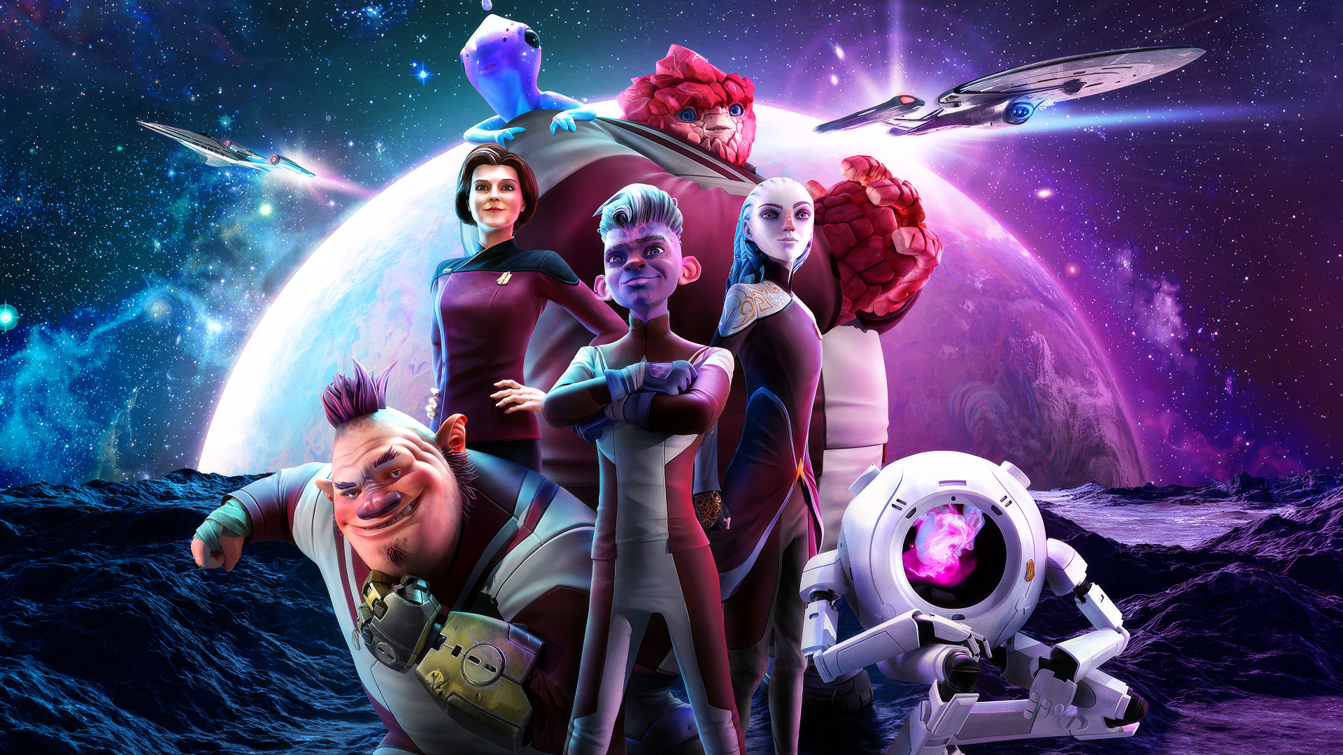 HD desktop wallpaper for the TV show Star Trek: Prodigy featuring the main characters standing in front of a futuristic, starry space background.