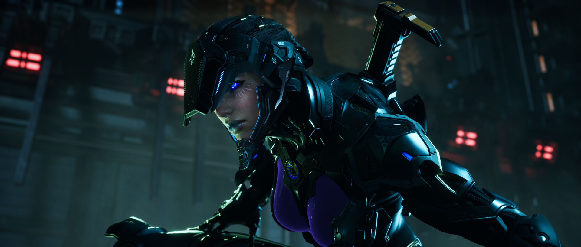 HD desktop wallpaper of The First Descendant video game, featuring a futuristic character in sleek, dark armor with glowing elements, set in a detailed, high-tech environment.