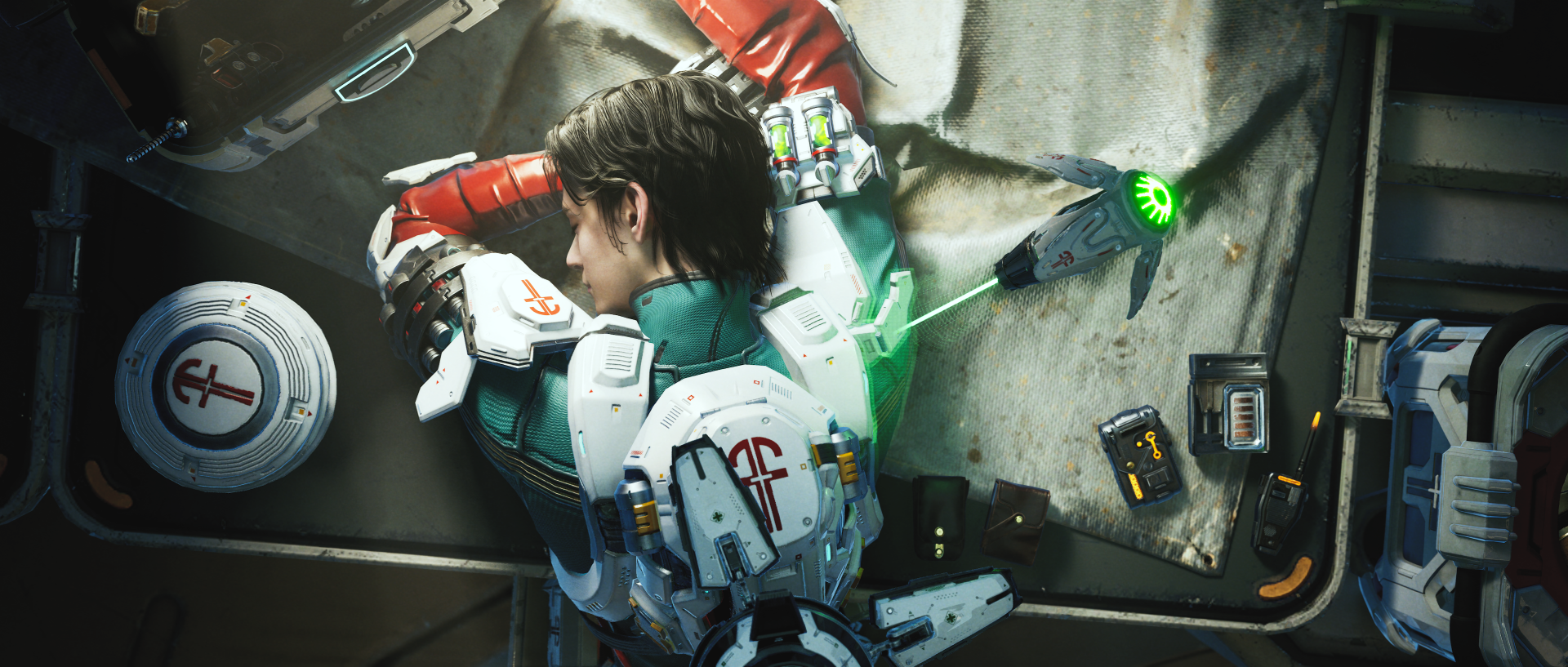 HD desktop wallpaper featuring a scene from the video game 'The First Descendant,' showcasing a character in futuristic gear with various high-tech gadgets.