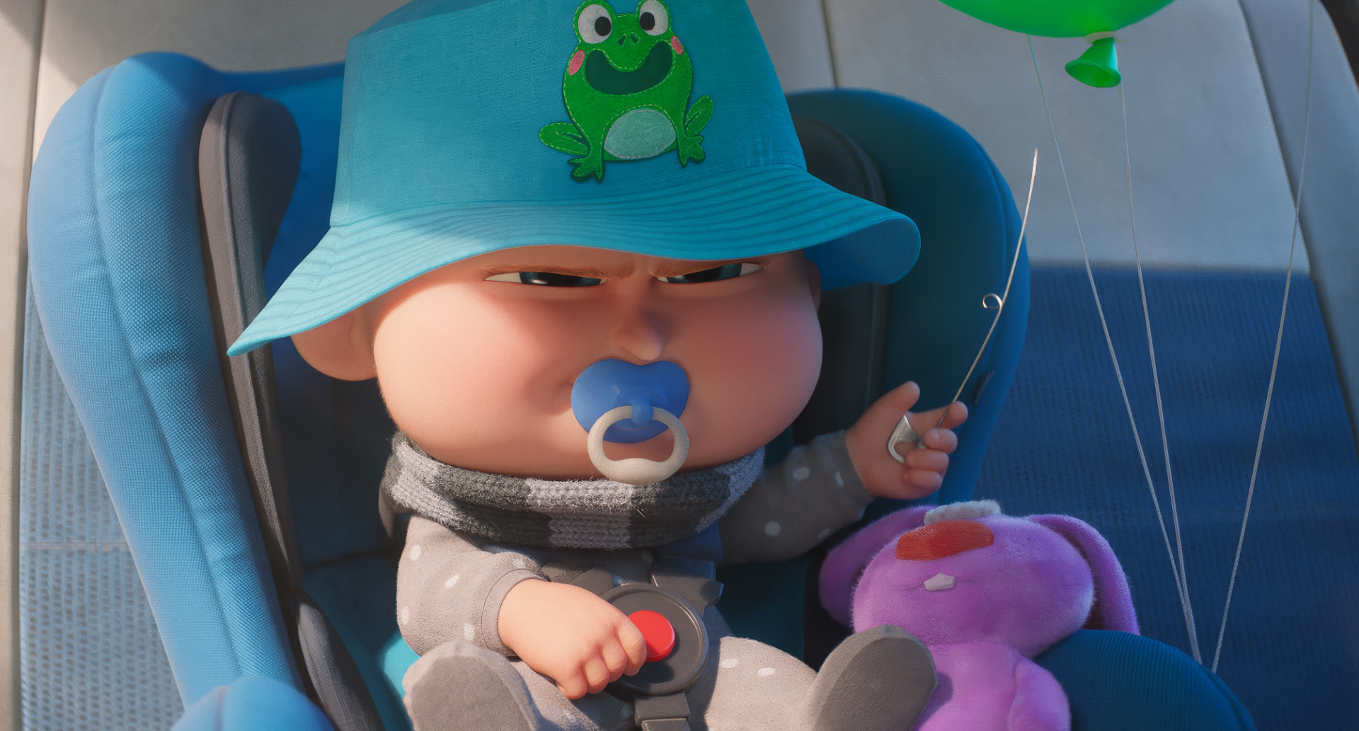 HD wallpaper featuring a baby character in a car seat from the movie Despicable Me 4, wearing a blue hat with a frog illustration, holding a green balloon, with a pacifier and a pink stuffed toy.