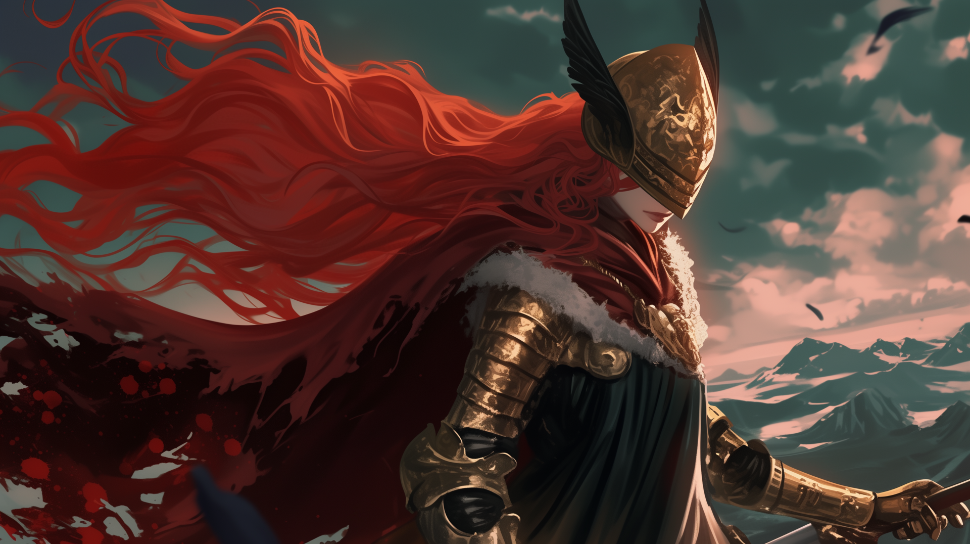 HD desktop wallpaper featuring Malenia Blade of Miquella from the video game Elden Ring. Malenia is depicted in ornate armor with flowing red hair and a mountainous background under a dramatic sky.