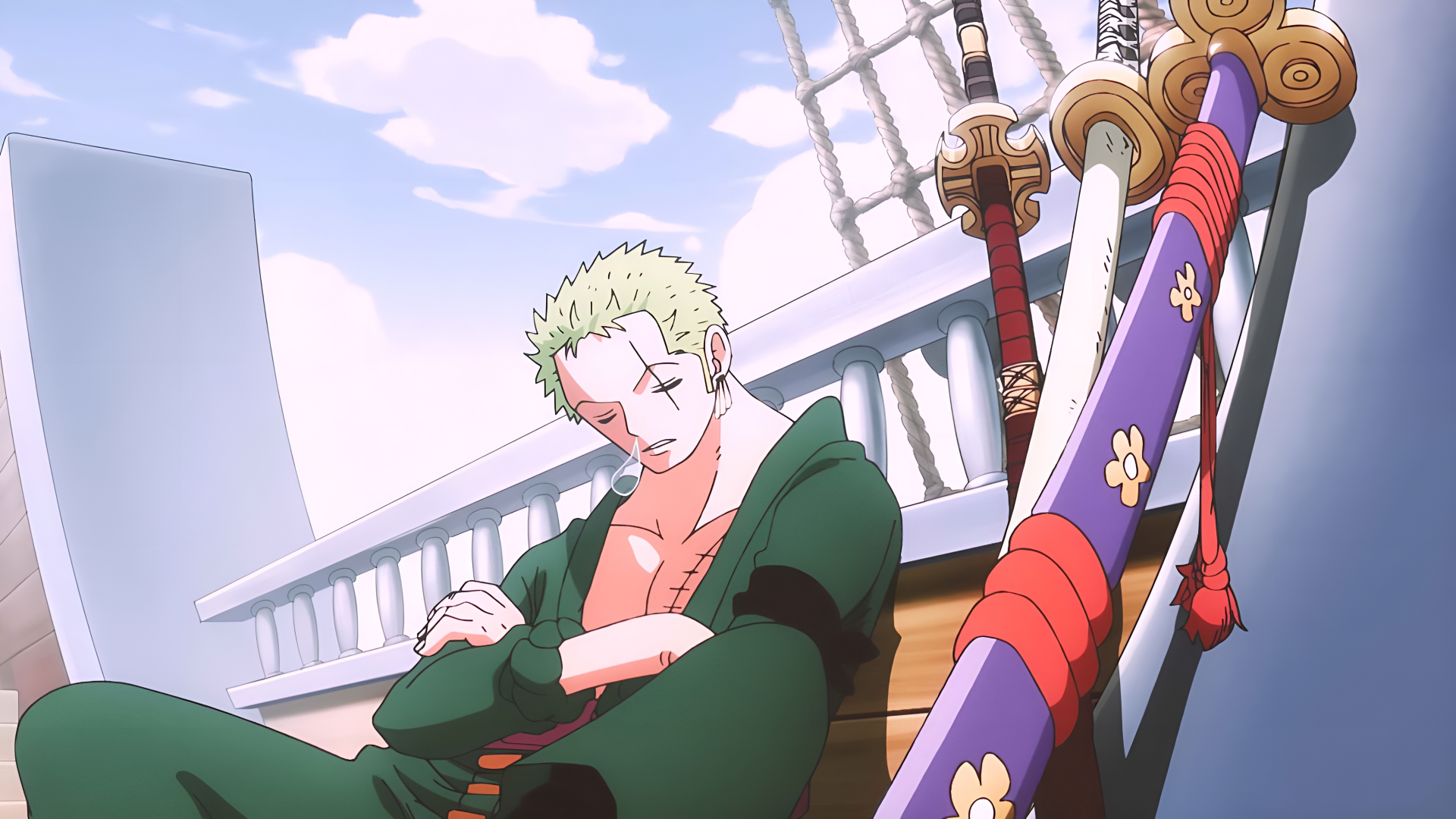 Anime-themed 4K Ultra HD PC wallpaper featuring Roronoa Zoro from One Piece resting on a ship deck with his swords.