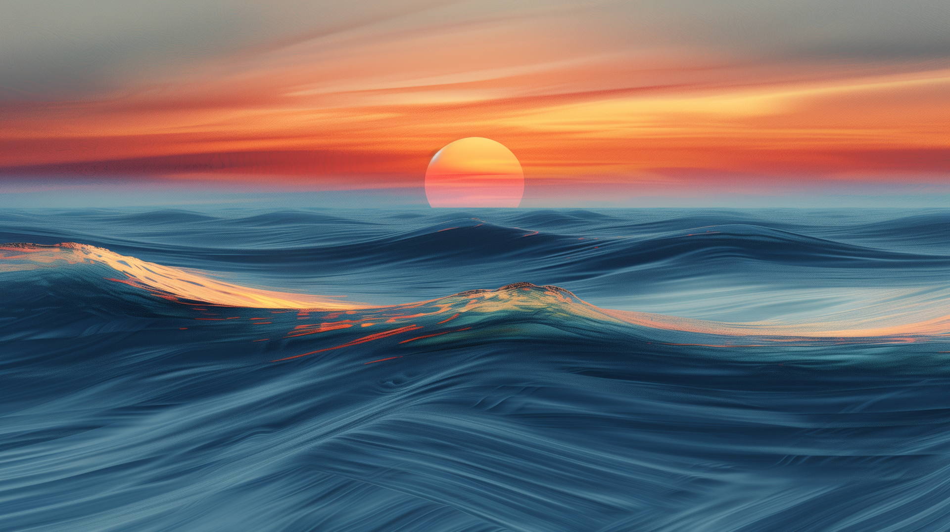 HD desktop wallpaper featuring a breathtaking ocean sunset, with the sun setting over gentle waves, casting vibrant hues of orange and blue across the sky and water.