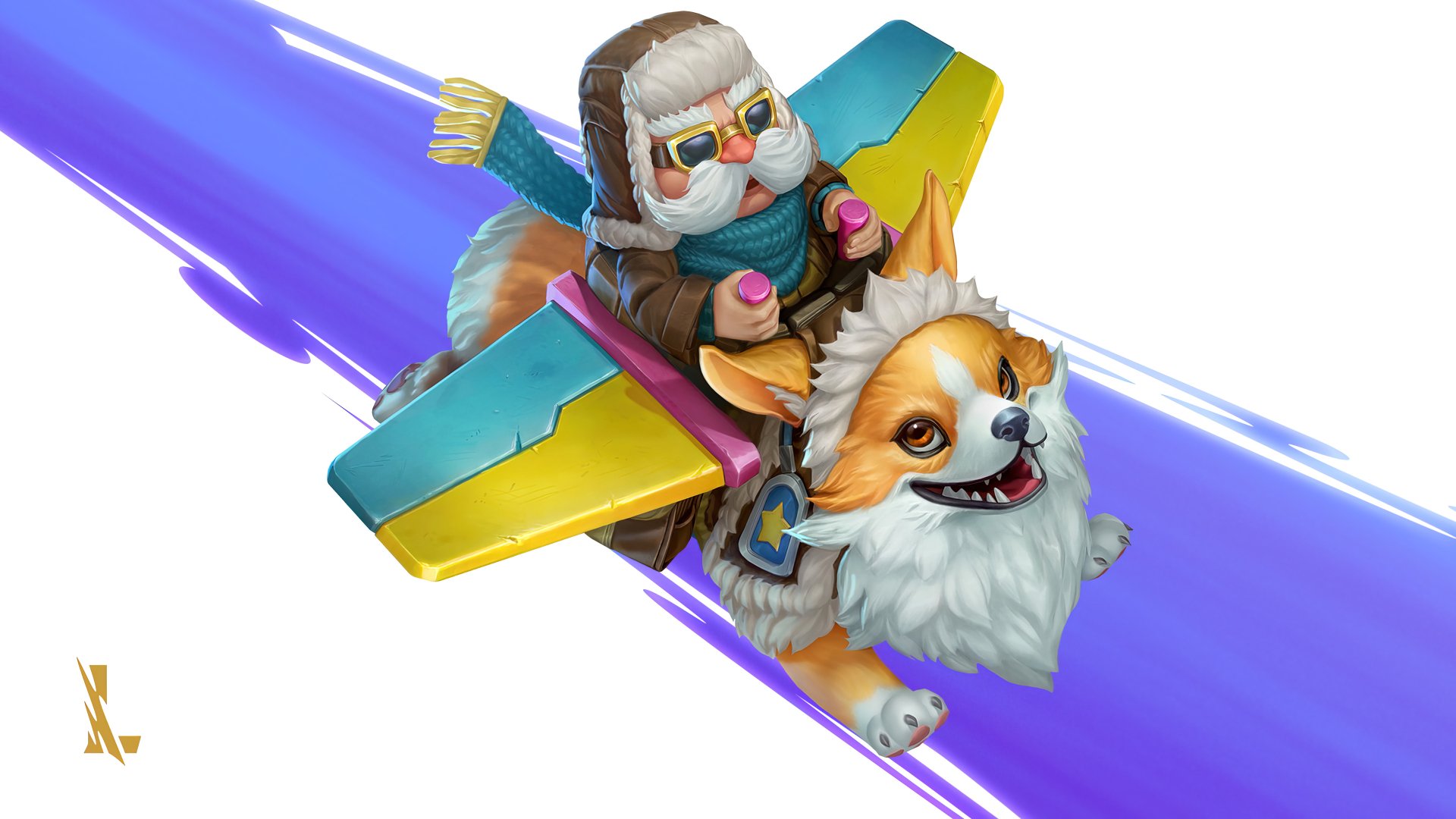 HD desktop wallpaper of Corki from League of Legends: Wild Rift flying on a plane with a corgi.