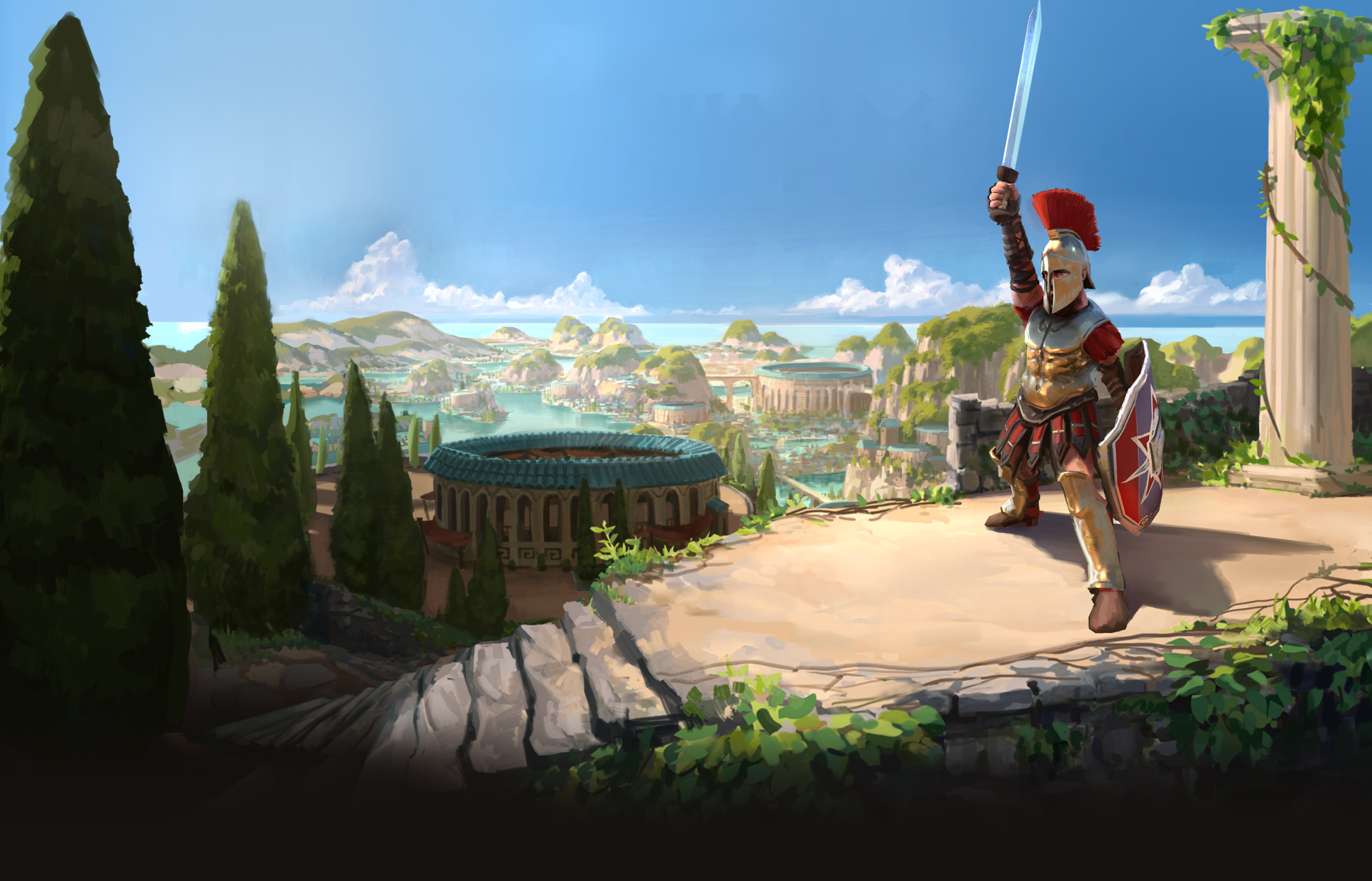 HD wallpaper of the video game We Who Are About To Die features a spartan warrior with a raised sword, medieval scenery, and a vibrant cityscape in the background.