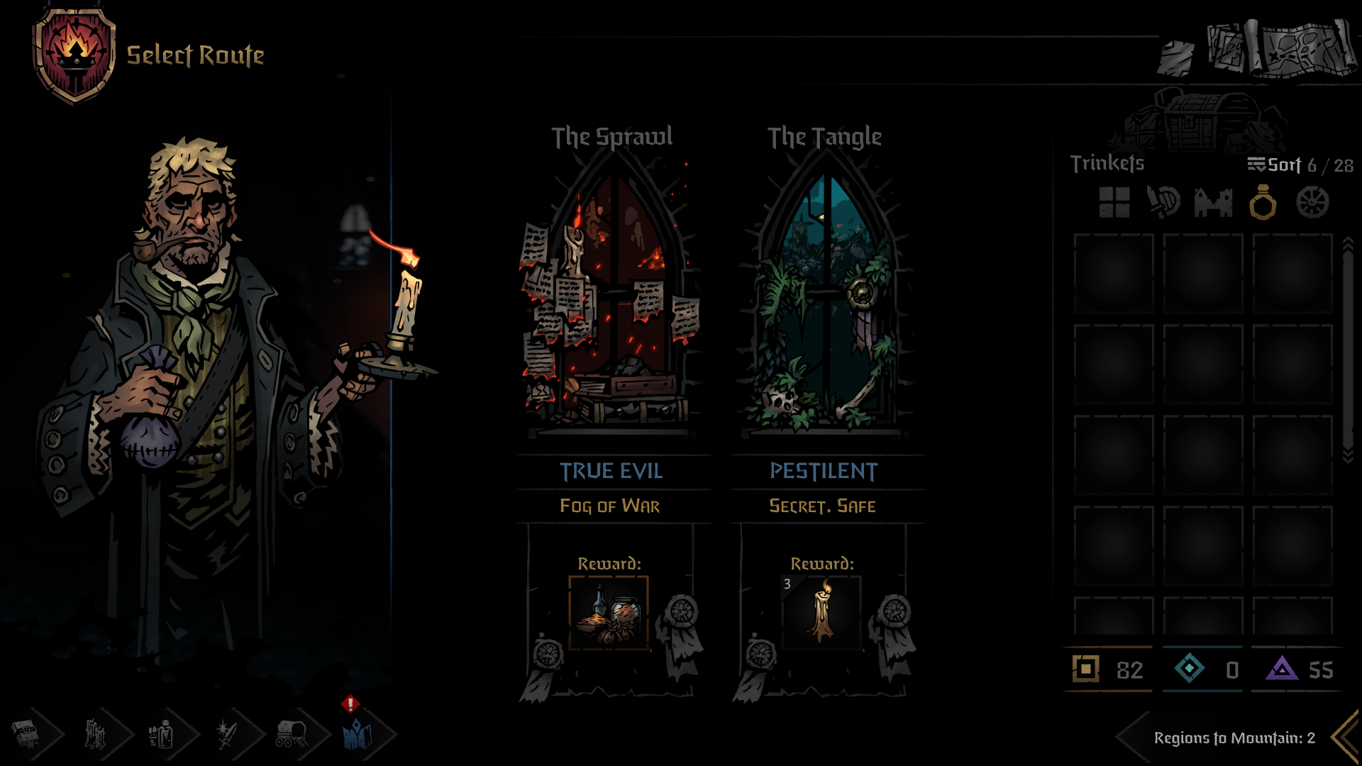 HD desktop wallpaper of Darkest Dungeon II showing character selection screen with route options. The options are The Sprawl and The Tangle, with associated rewards detailed below each path.