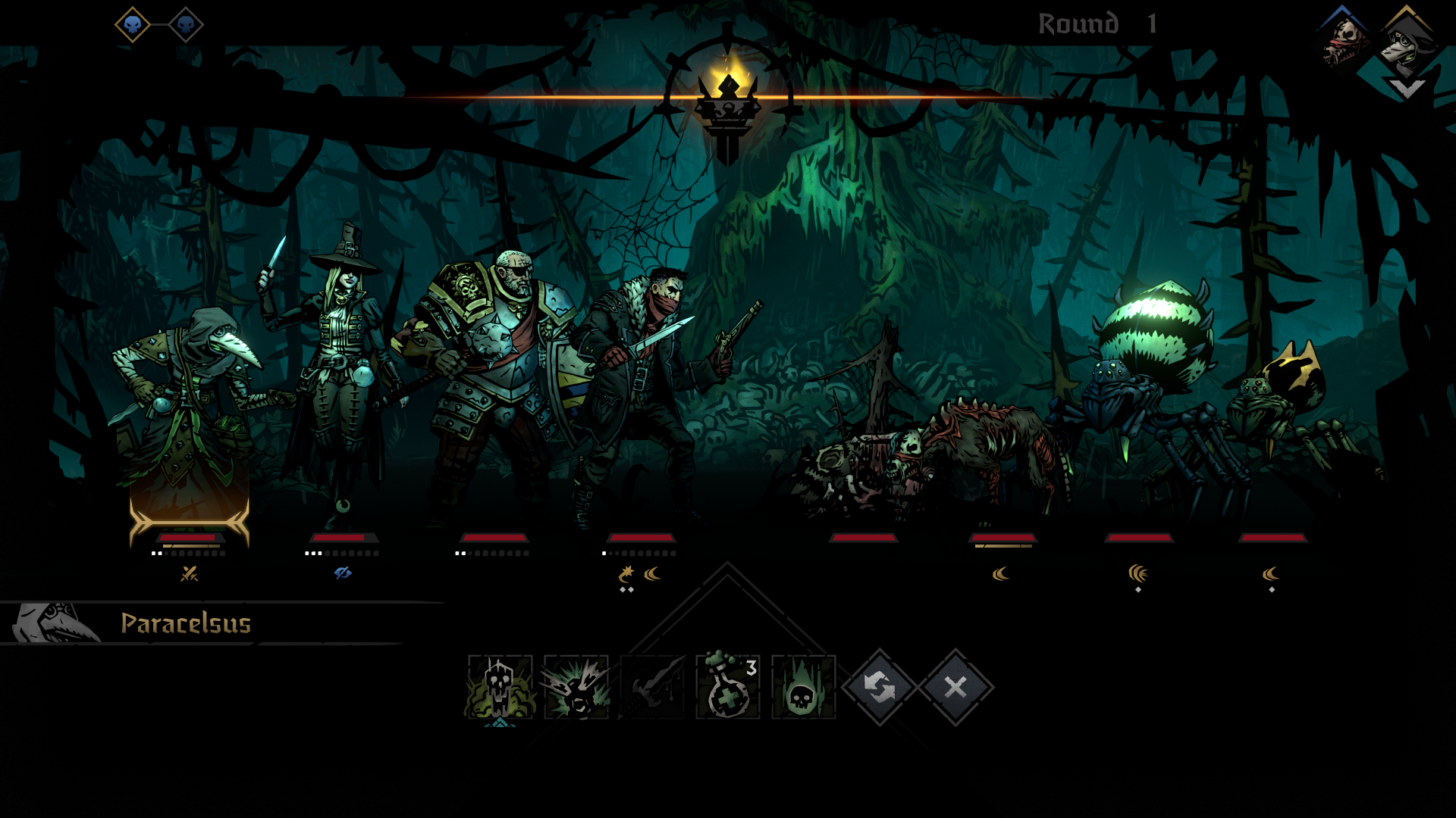 HD wallpaper of Darkest Dungeon II, featuring a battle scene with characters in a dark, eerie forest setting. The interface shows health bars and actions, enhancing the immersive gaming experience.