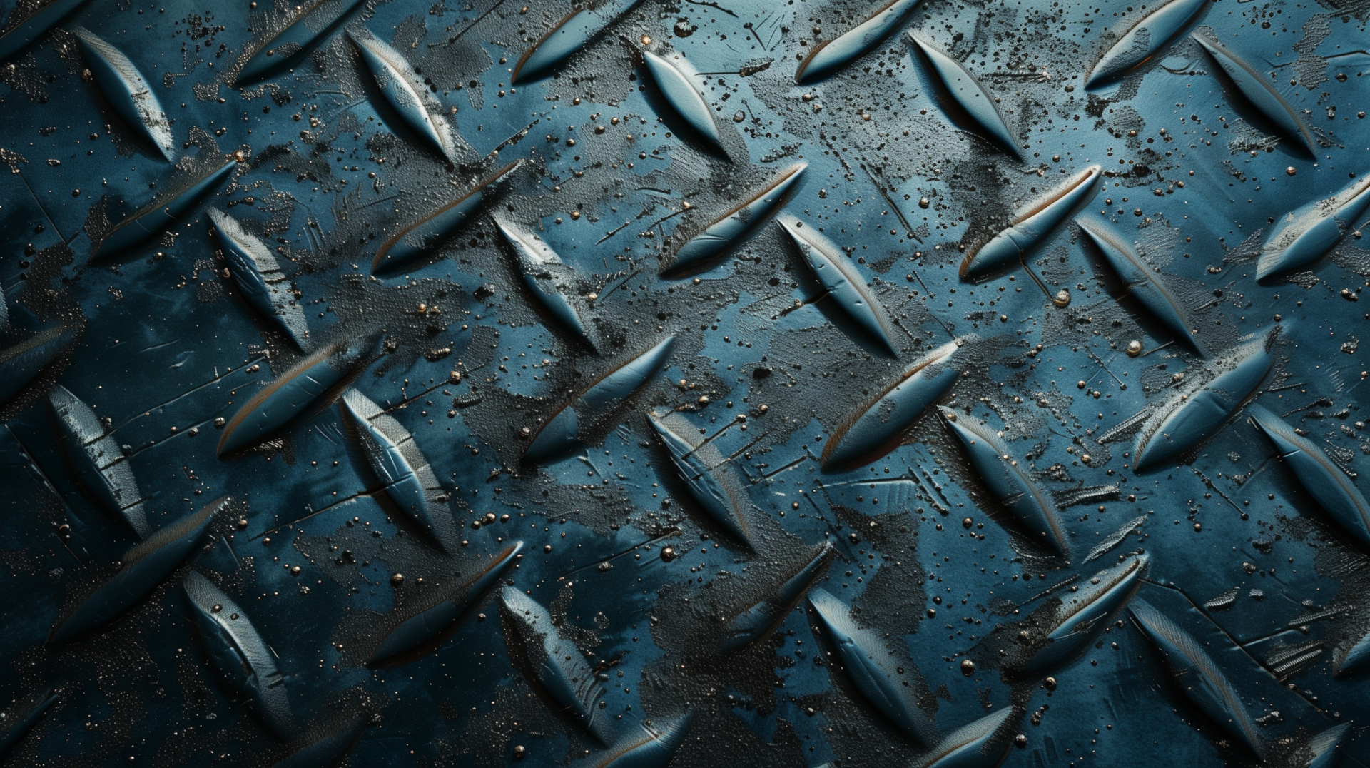 HD desktop wallpaper with a close-up of textured steel metal surface, featuring rugged, raised diamond patterns and hints of wear and scratches.