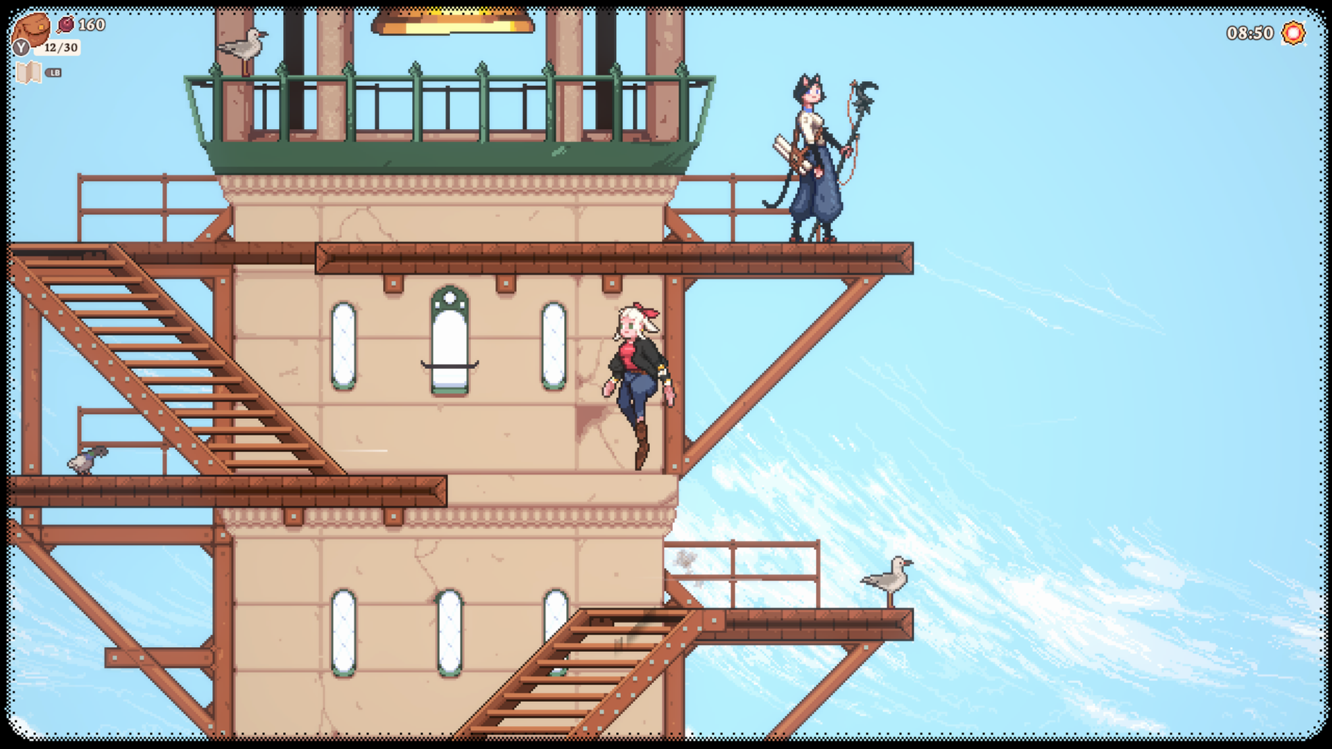 HD desktop wallpaper and background from the video game, Magical Delicacy, featuring two characters on a multi-level platform with blue sky and pigeons.