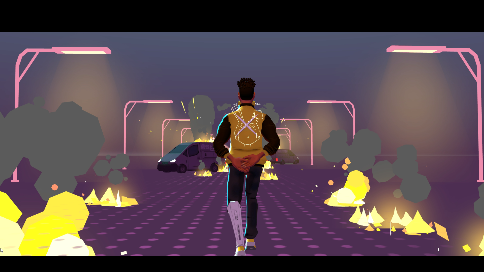 A HD desktop wallpaper and background featuring an action-packed scene from the video game Aerial_Knight's Never Yield, depicting a character running through a futuristic, neon-lit environment with explosions and debris.