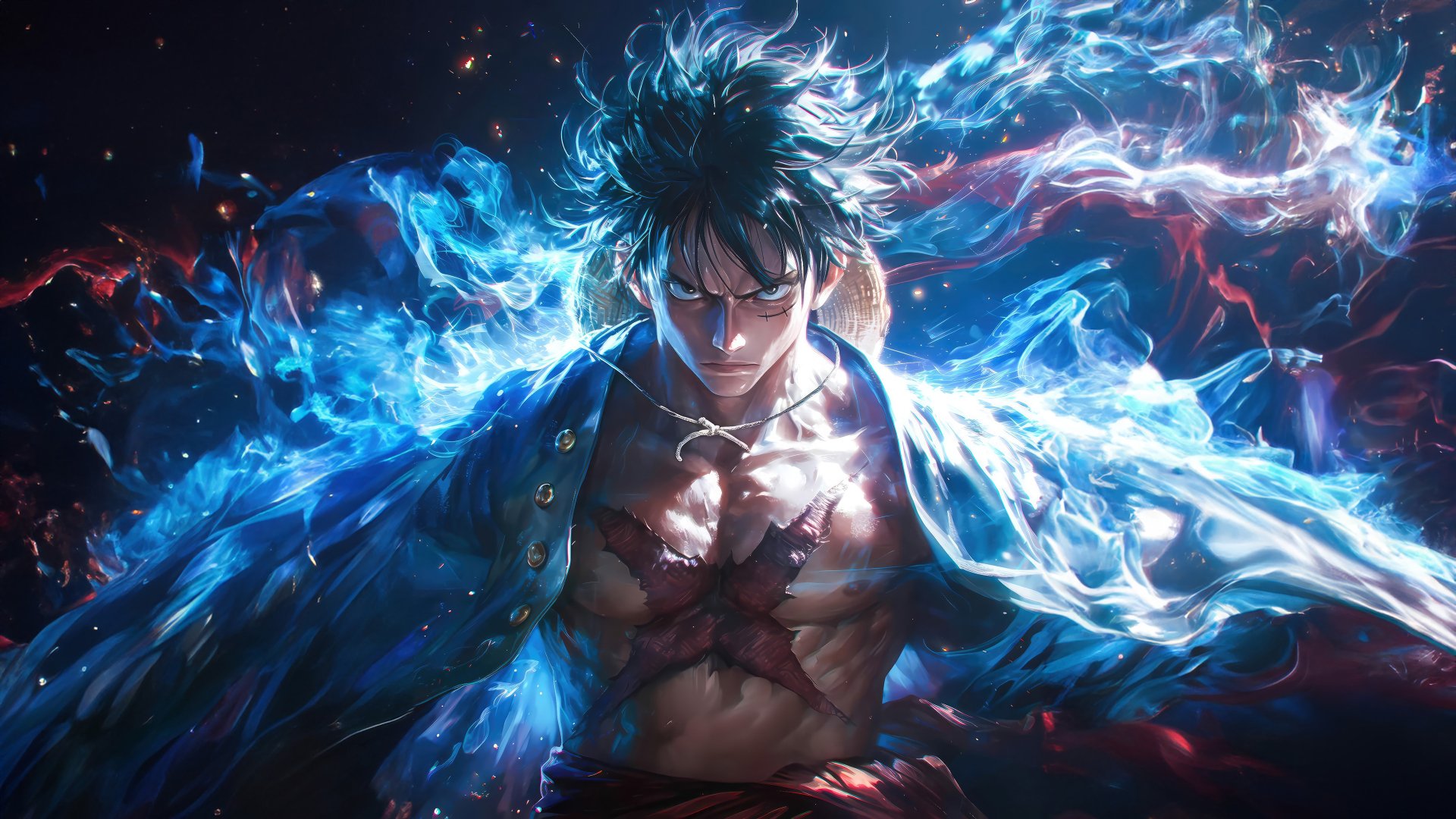 Monkey D. Luffy is depicted in a dynamic pose with intense blue and red energy swirling around him in this 4K Ultra HD PC desktop wallpaper.