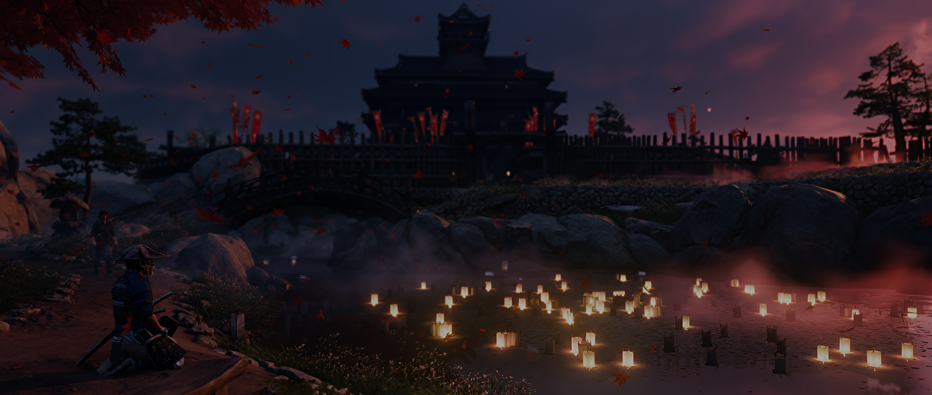HD PC desktop wallpaper of Ghost of Tsushima featuring a dark, atmospheric castle silhouette with glowing lanterns scattered across the foreground at night.