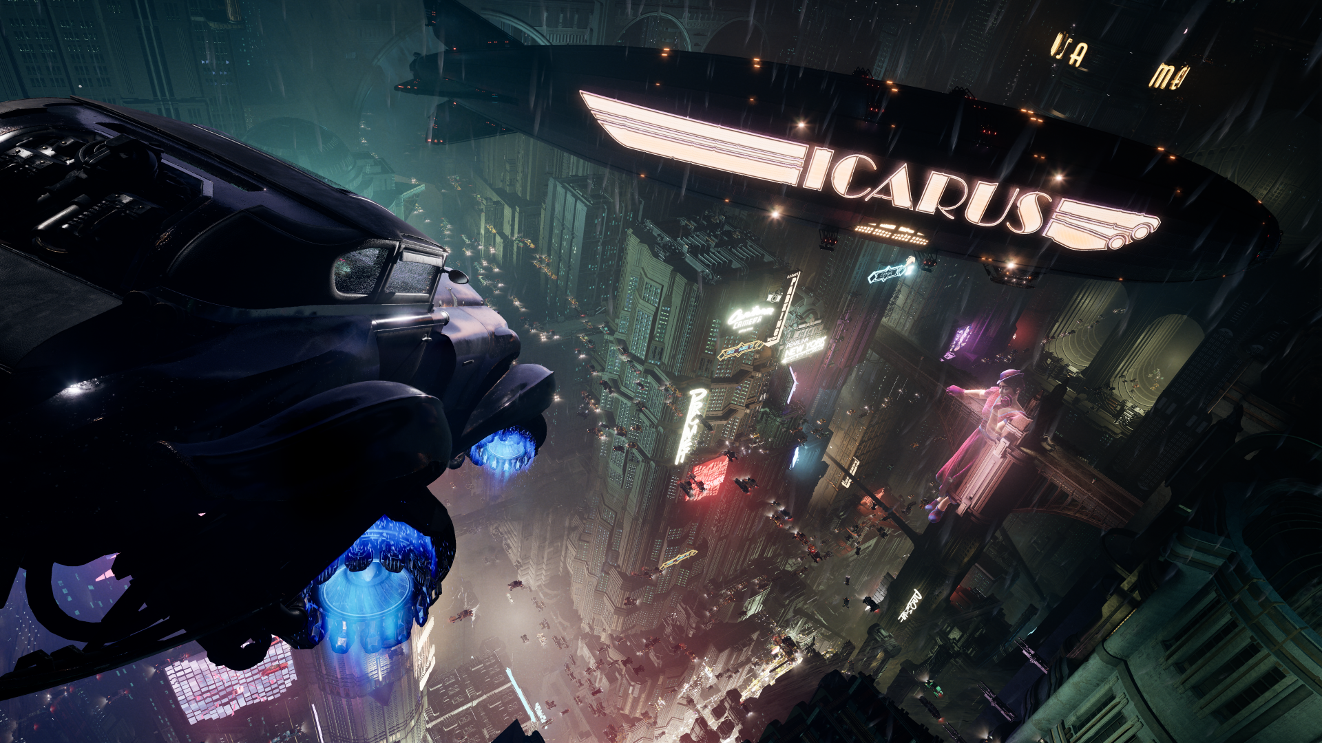 A high-definition desktop wallpaper and background featuring a futuristic cityscape from the video game Nobody Wants to Die with a flying car and an airship labeled Icarus.