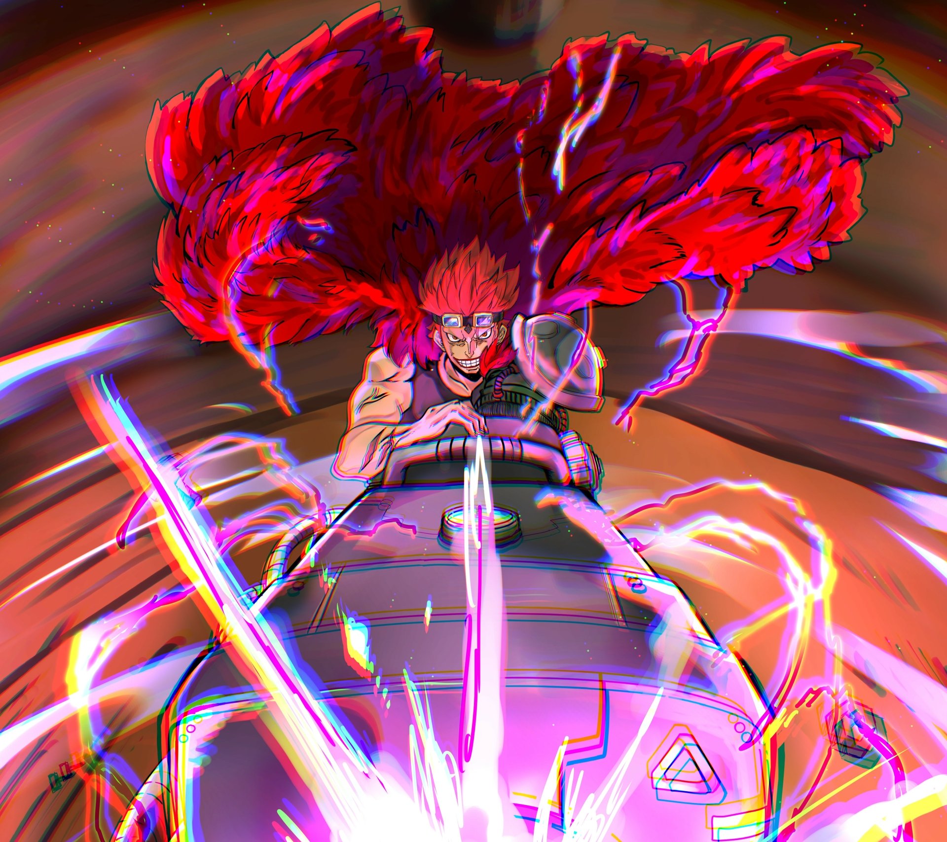 Vibrant 4K Ultra HD anime wallpaper featuring Eustass Kid from One Piece with intense red and purple energy effects against a dynamic background.