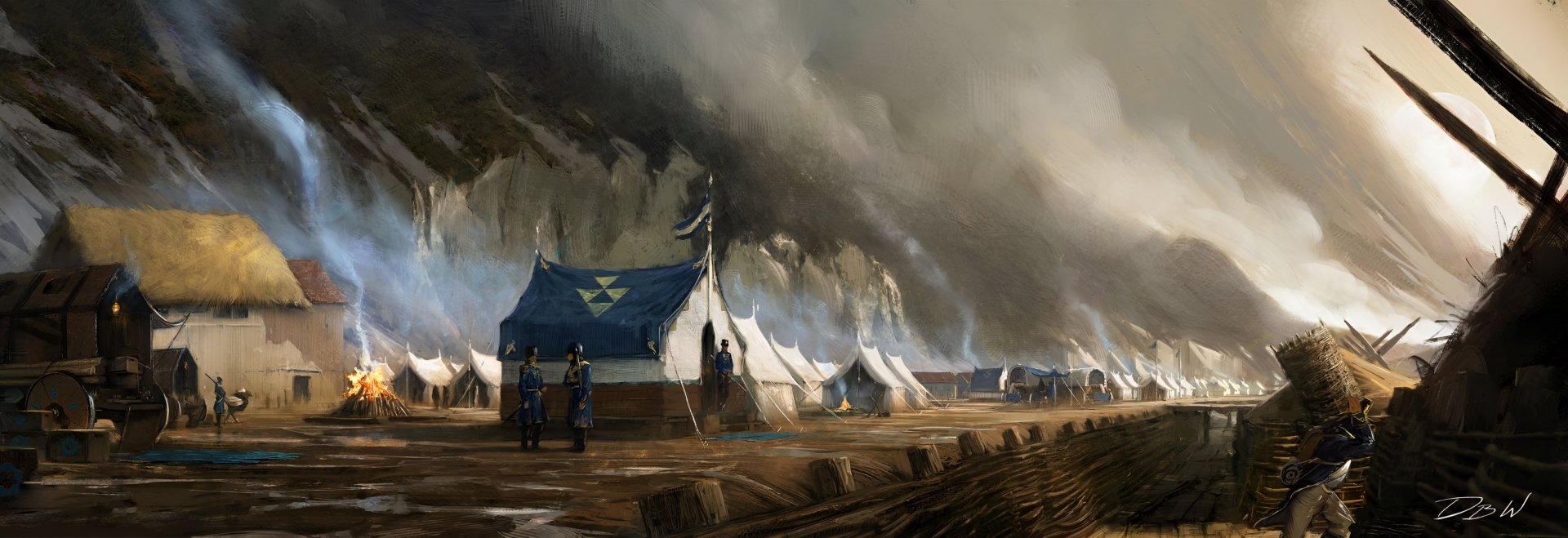 HD desktop wallpaper and background featuring an encampment scene from the video game Flintlock: The Siege of Dawn, with tents set against a misty, mountainous backdrop and soldiers standing guard.
