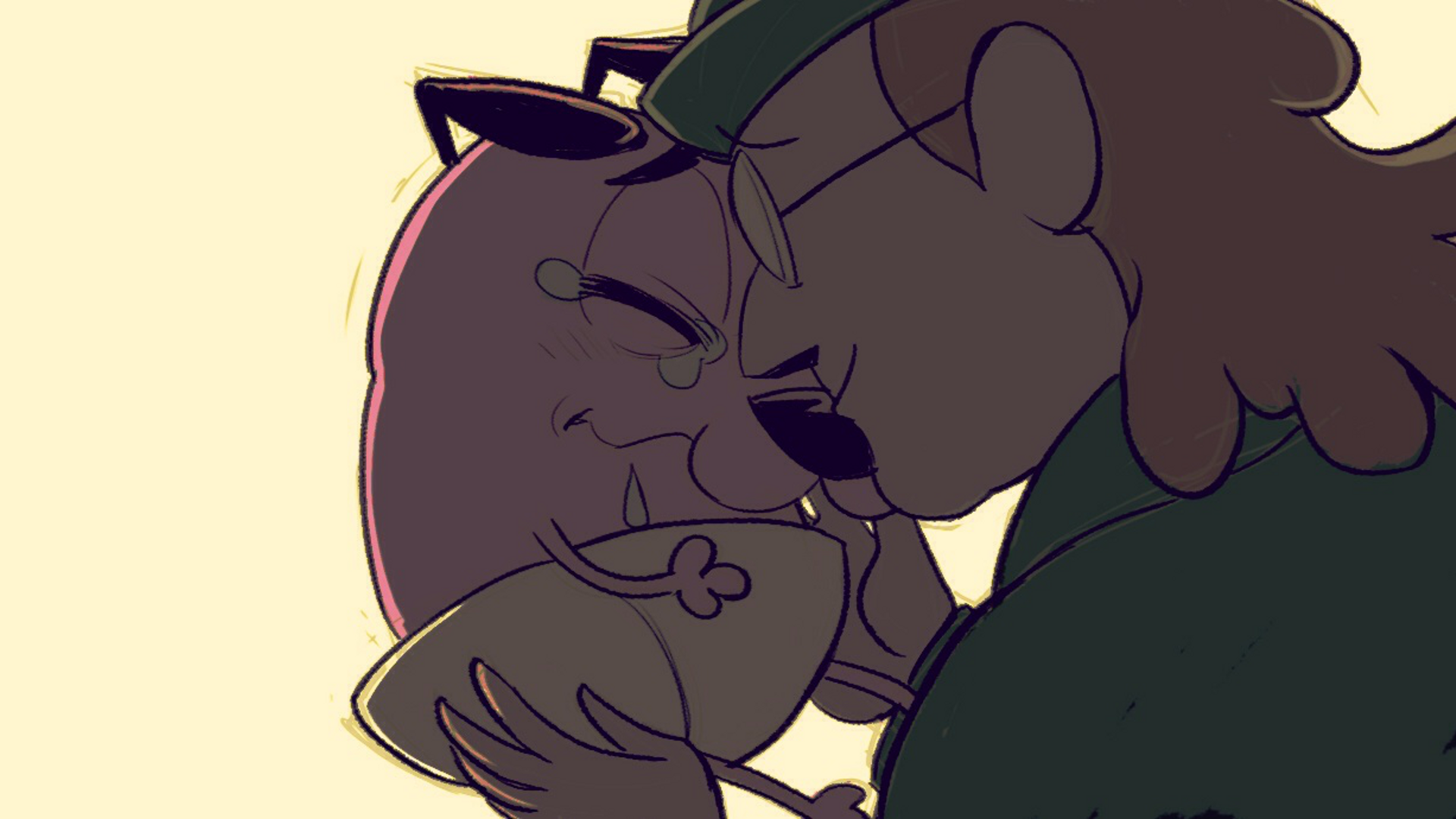 HD desktop wallpaper featuring characters from the TV show Courage the Cowardly Dog, depicting a tender moment between Courage and another character, set against a warm, light background.