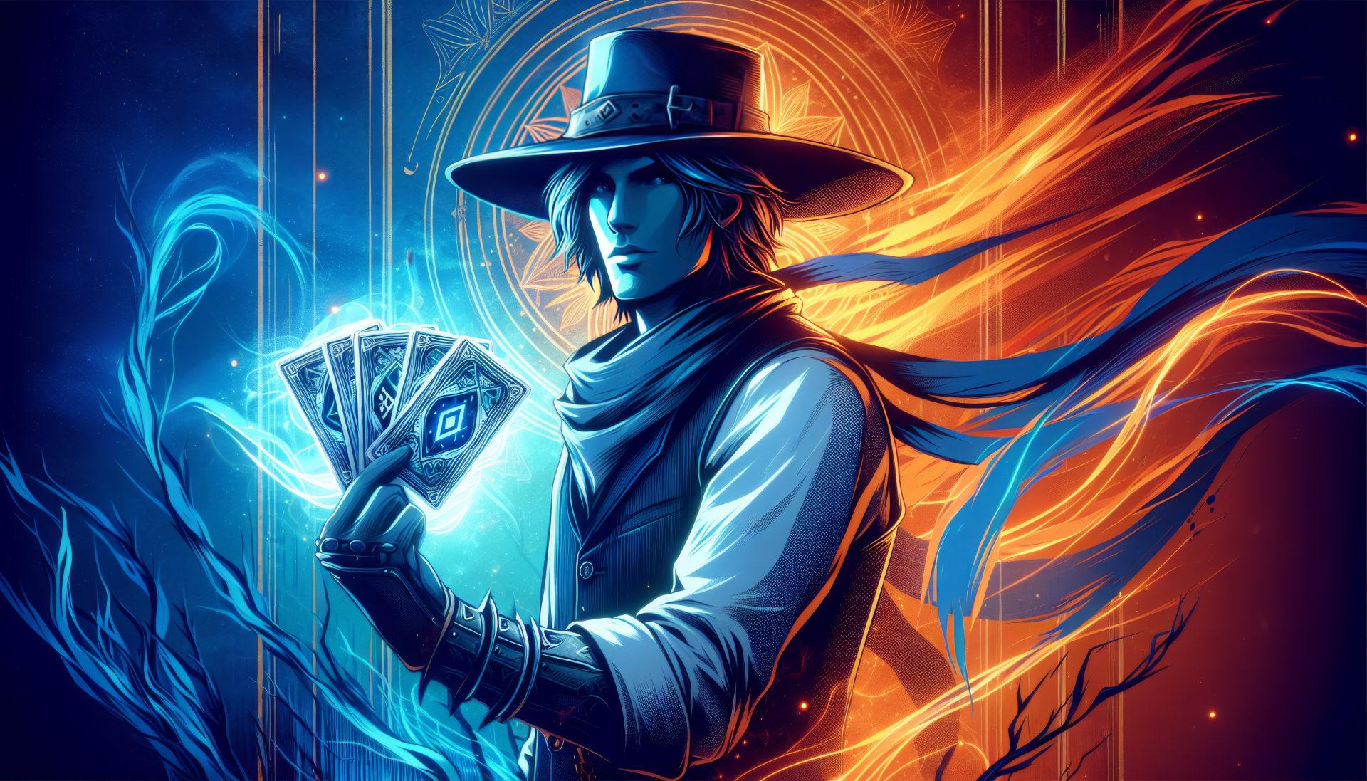 HD desktop wallpaper of Twisted Fate from League of Legends, featuring the character holding cards with swirling blue and orange energy in a dynamic and captivating background.