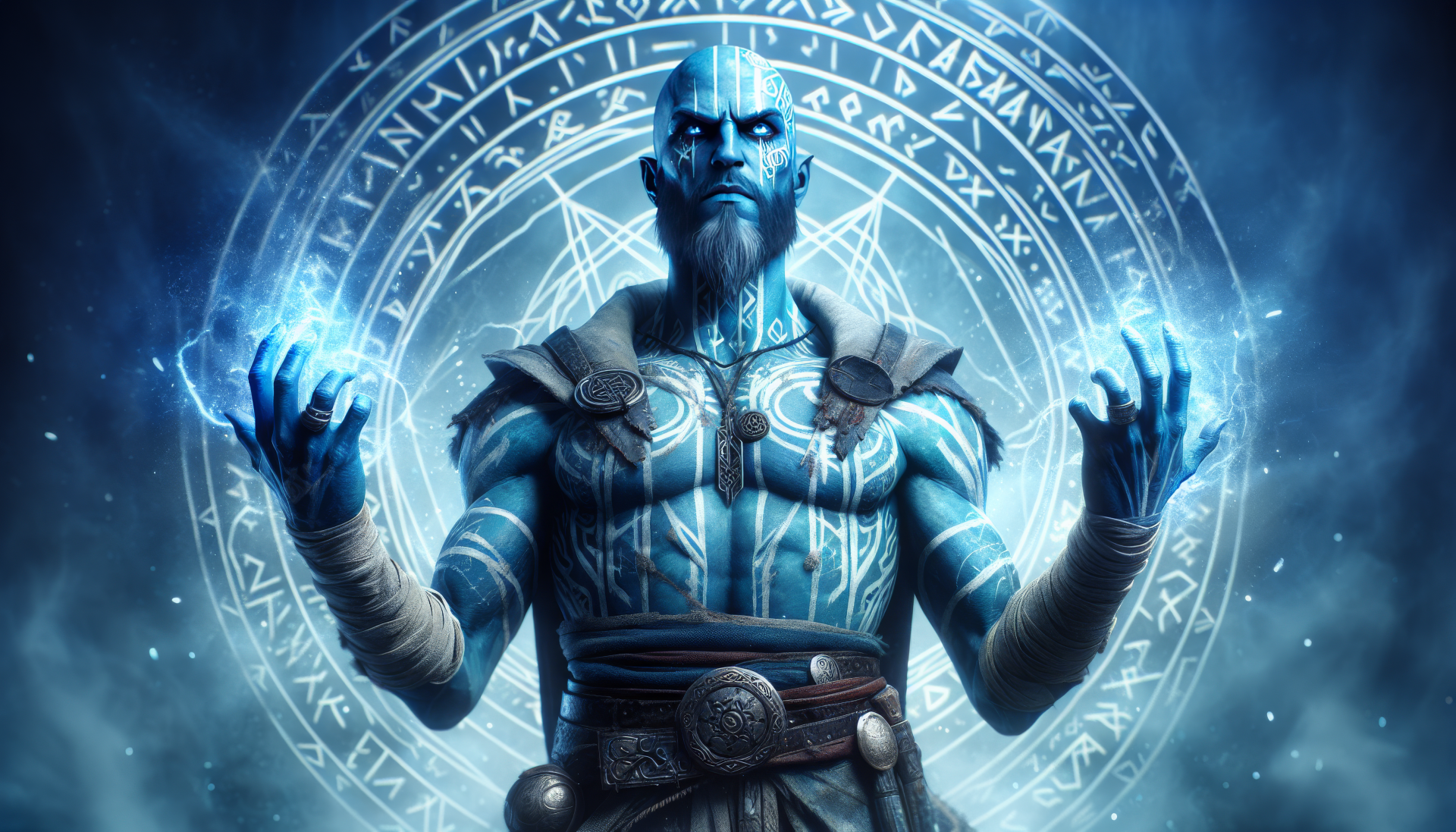 HD desktop wallpaper of Ryze from League of Legends, featuring the blue-skinned mage casting a spell with glowing runes in the background.