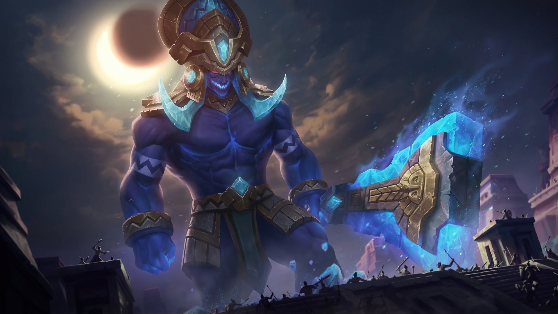 HD desktop wallpaper of Trundle from Legends of Runeterra and League of Legends, showcasing the character in an imposing stance with a glowing blue weapon, set against a dramatic night sky with an eclipsed moon.