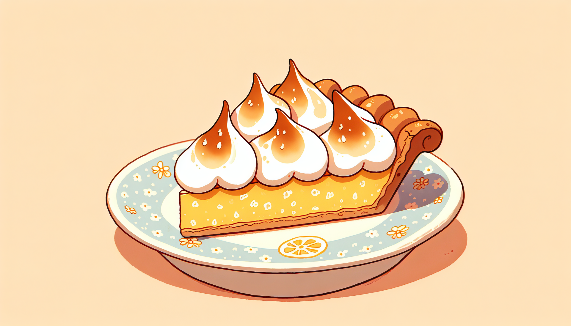 A beautifully illustrated slice of pie with toasted meringue on a decorative plate, set against a soft beige background. This HD image is designed for use as a desktop wallpaper and background.