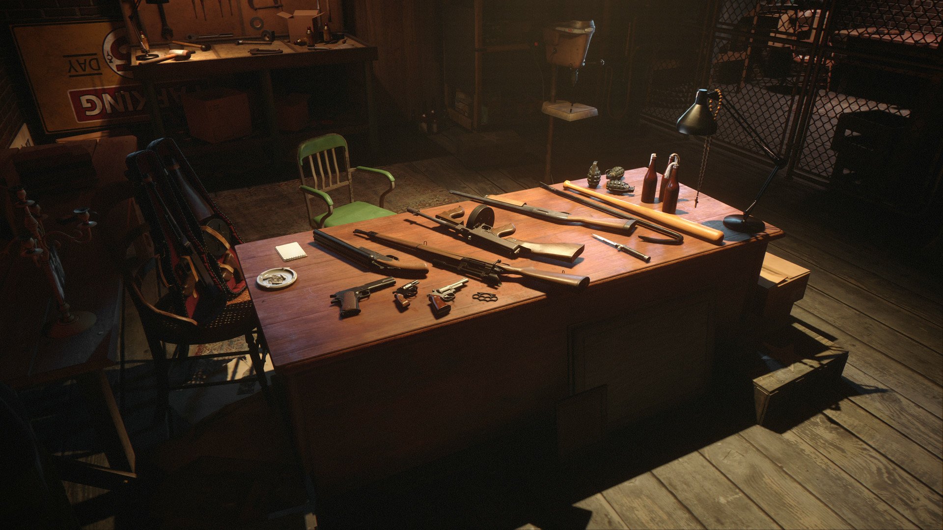 HD desktop wallpaper and background from Mafia: Definitive Edition, featuring a dimly lit room with various weapons laid out on a large wooden table.