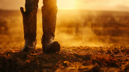 A close-up of cowboy boots standing on dusty ground, bathed in warm golden light during sunset. This HD desktop wallpaper captures a rustic, rugged atmosphere.